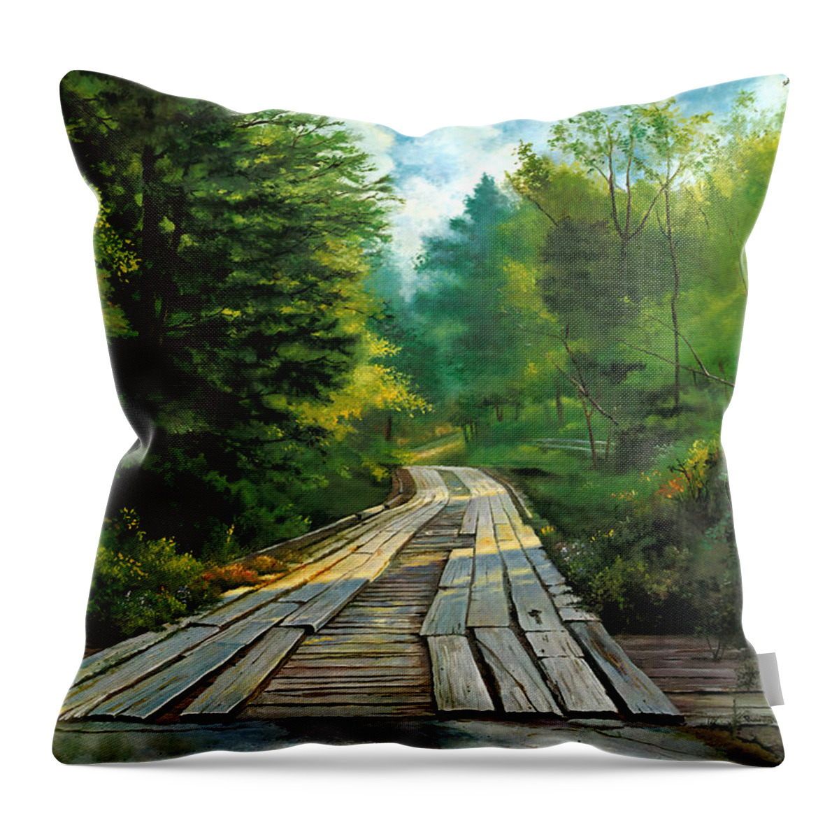 Mcneely Throw Pillow featuring the painting The McNeely Bridge #1 by Randy Welborn