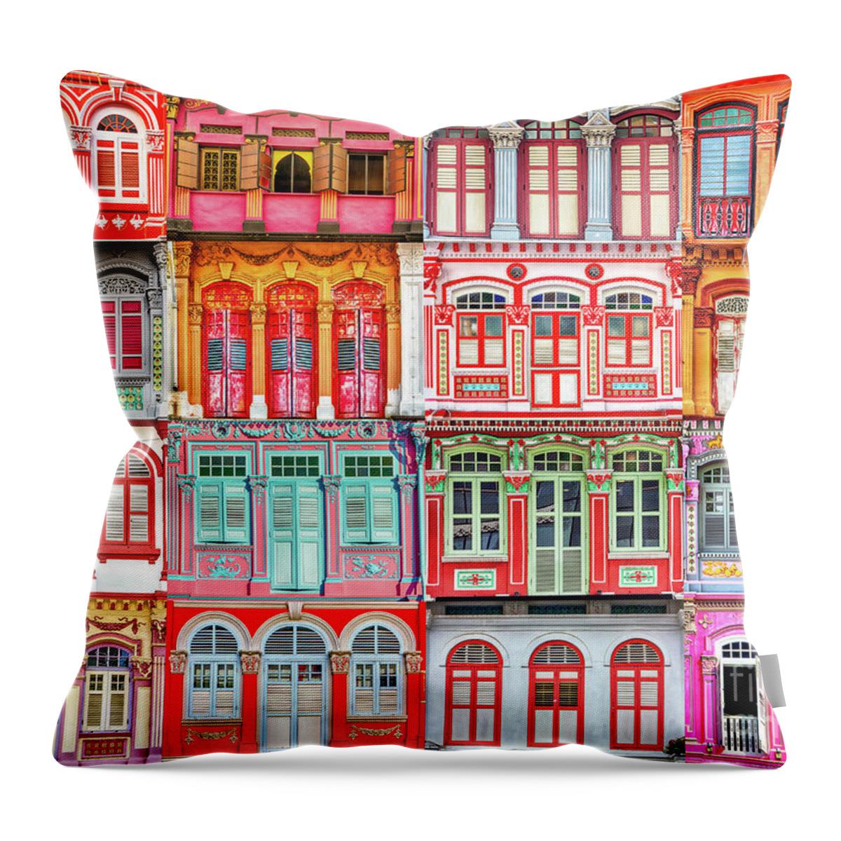 Singapore Throw Pillow featuring the photograph The Singapore Shophouse in RED by John Seaton Callahan