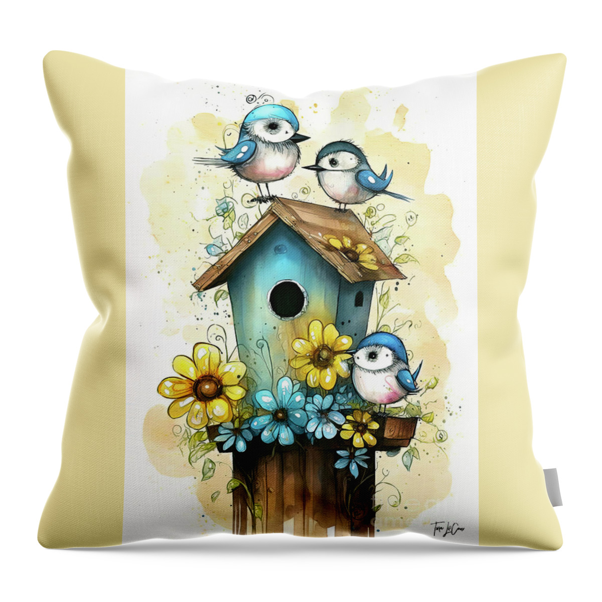 Bluebirds Throw Pillow featuring the painting Three Little Bluebirds by Tina LeCour