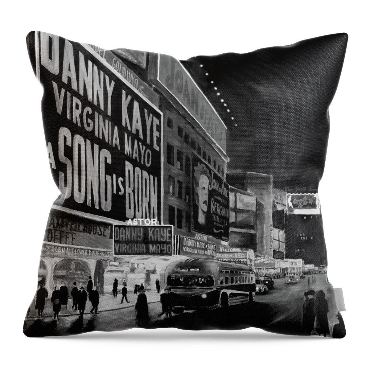Times Square Throw Pillow featuring the painting Times Square, 1948, around Christmas #1 by Dan Haraga