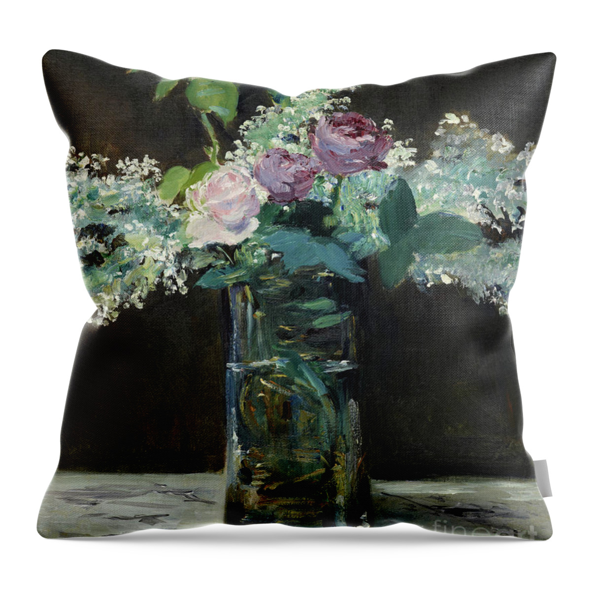 Vase Of White Lilacs And Roses Throw Pillow featuring the painting Vase of White Lilacs and Roses, 1883 by Edouard Manet