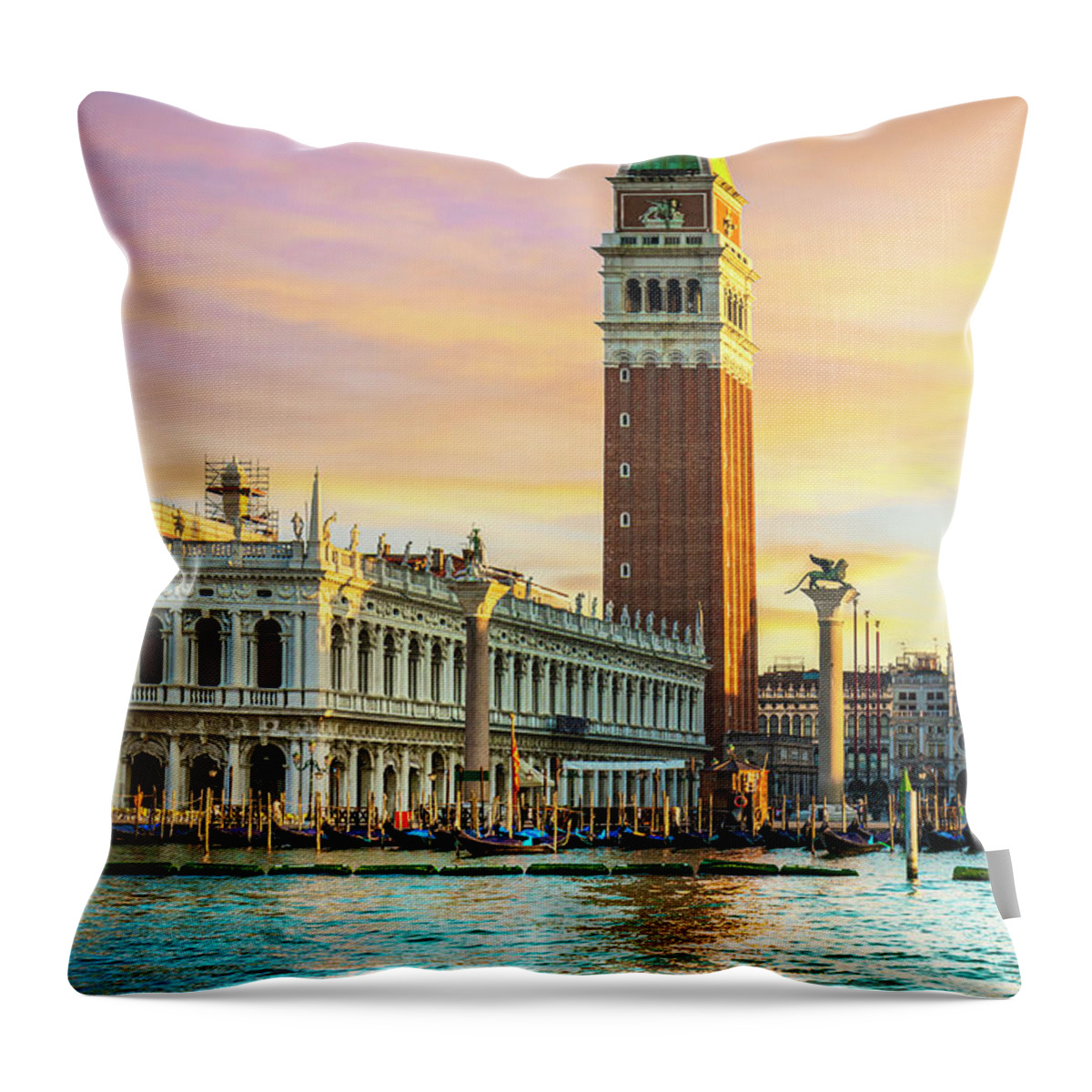 Venice Throw Pillow featuring the photograph Venice landmark at dawn, Piazza San Marco with Campanile and Dog #1 by Stefano Orazzini