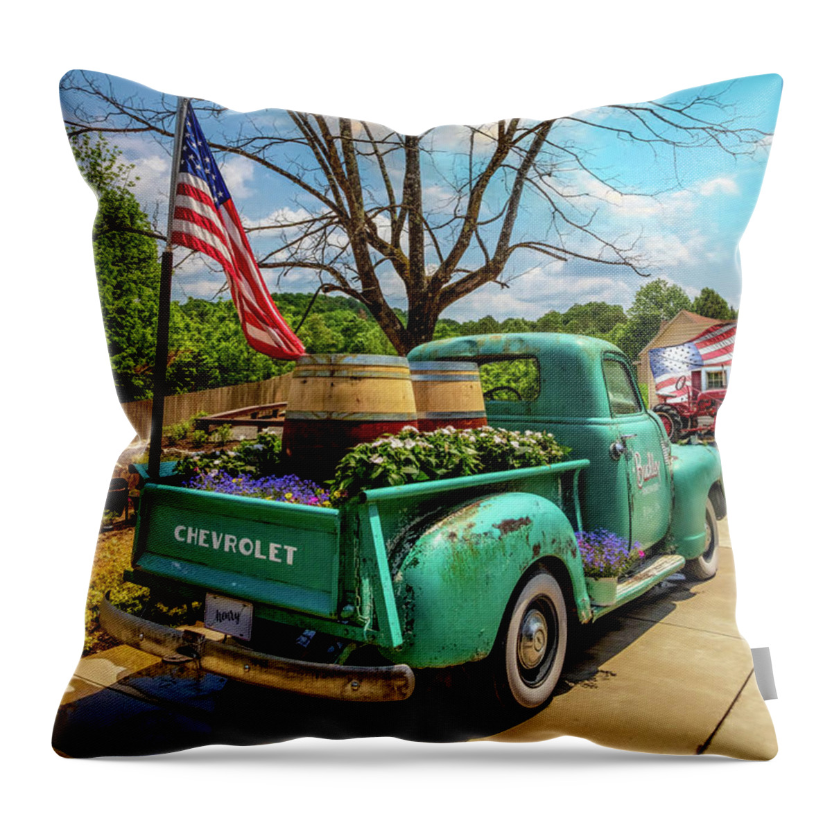 Buckley Throw Pillow featuring the photograph Vintage Chevrolet at Buckley Vineyards #1 by Debra and Dave Vanderlaan