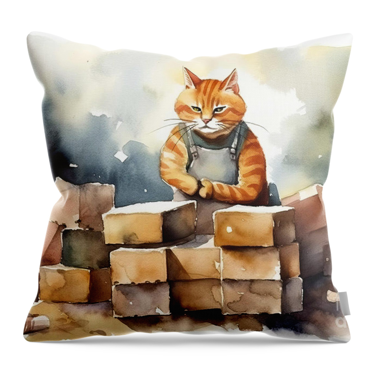 Cat Throw Pillow featuring the painting Watercolor Illustration of a Bricklayer Cat Working Job Professi #1 by N Akkash