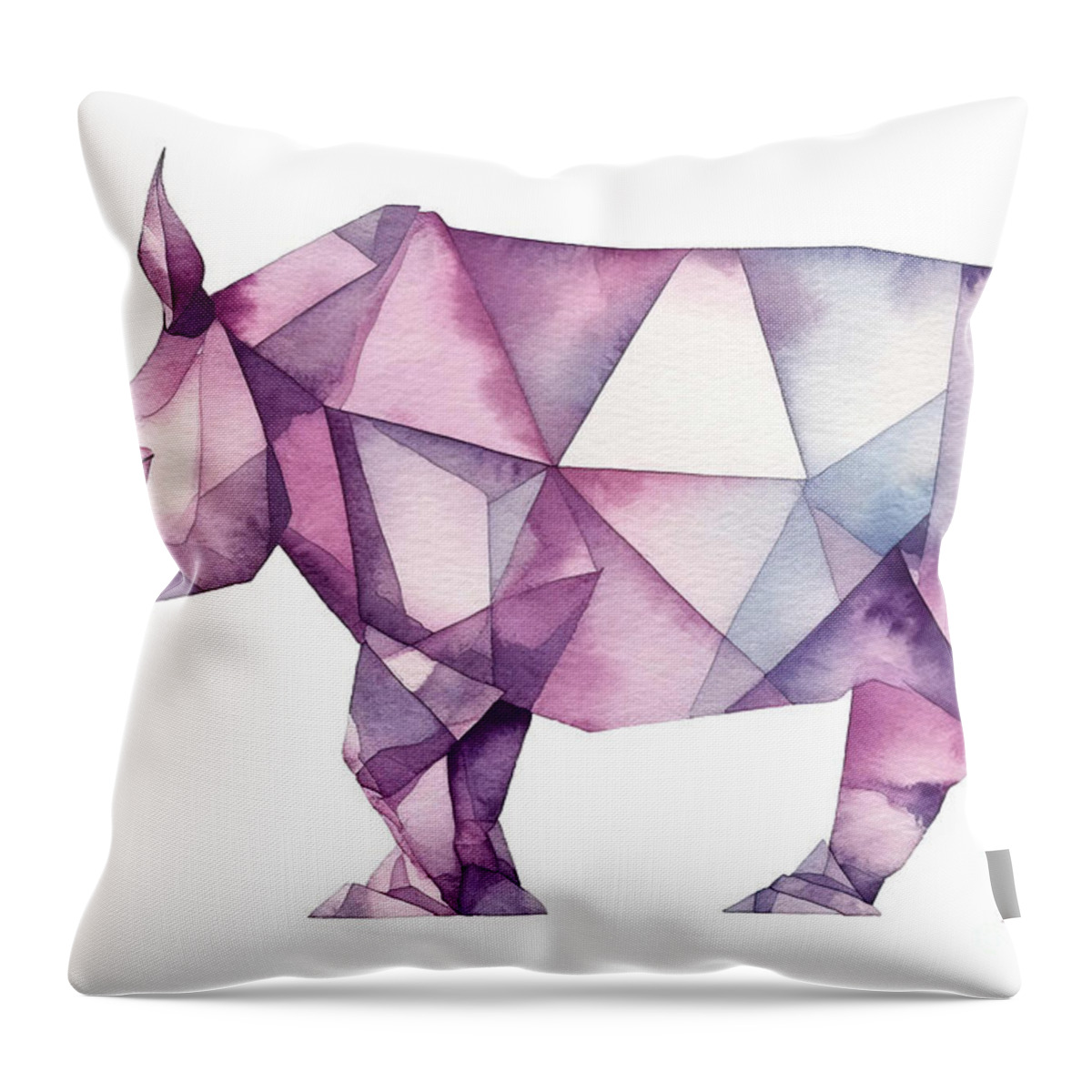 Origami Throw Pillow featuring the painting Watercolor illustration of origami rhinoceros. Purple paper orig #1 by N Akkash