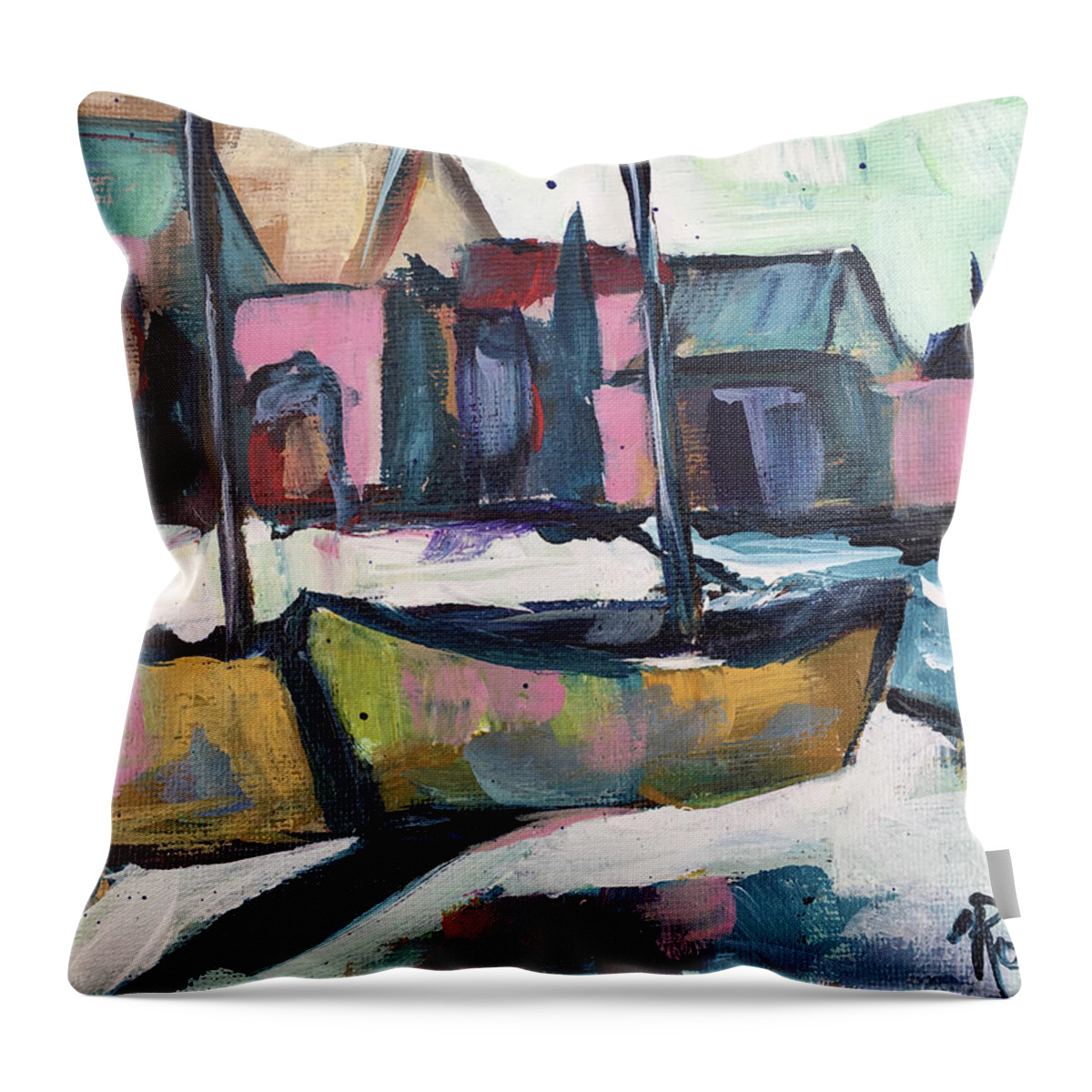 Sailboat Painting Throw Pillow featuring the painting Wharf Boats #2 by Roxy Rich