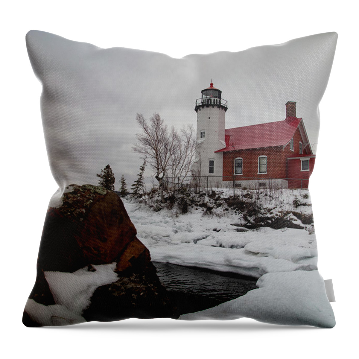 Eagle Harbor Mi Throw Pillow featuring the photograph Winter view of Eagle Harbor Lighthouse in Eagle Harbor Michigan #1 by Eldon McGraw