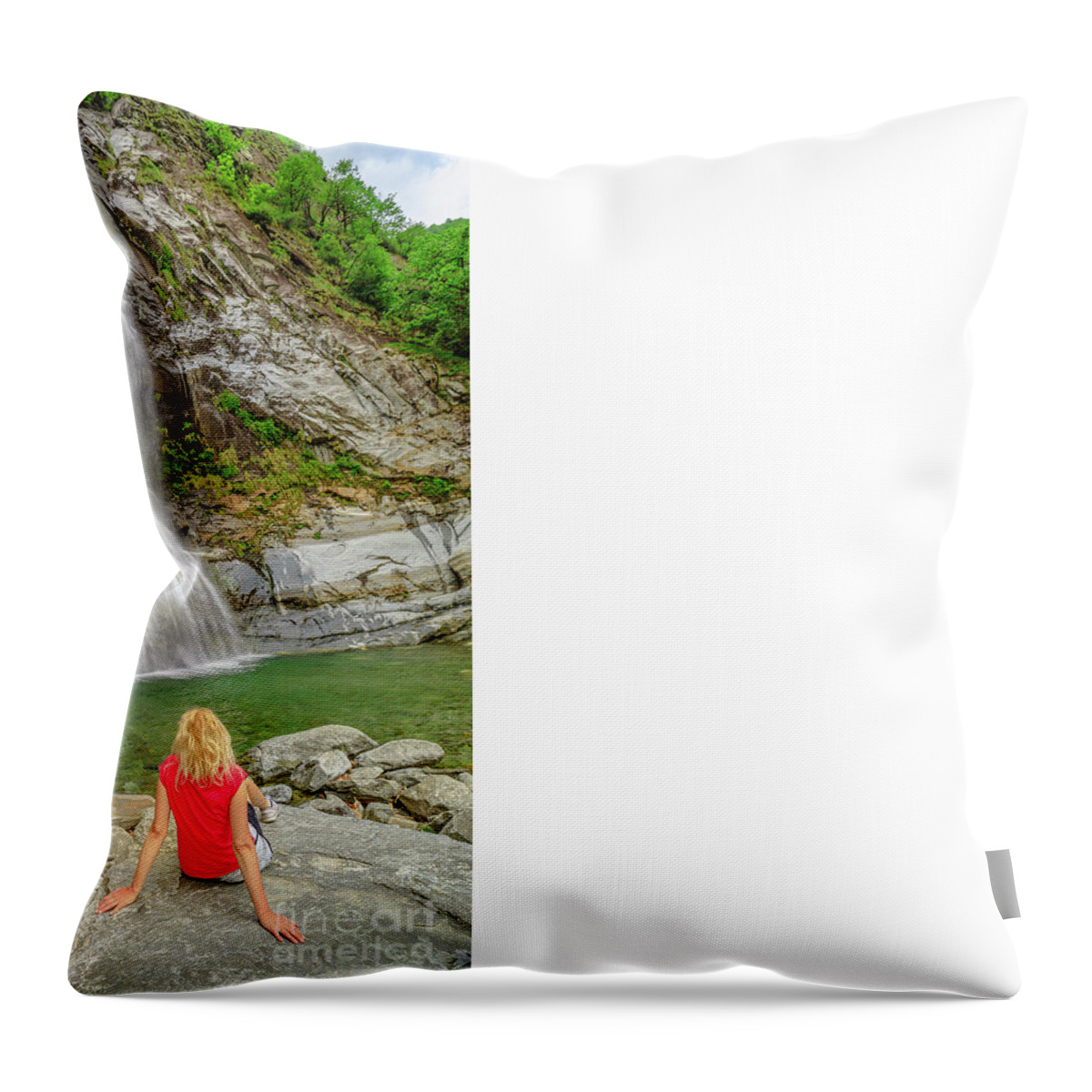 Switzerland Throw Pillow featuring the photograph woman in great waterfall of Bignasco #1 by Benny Marty