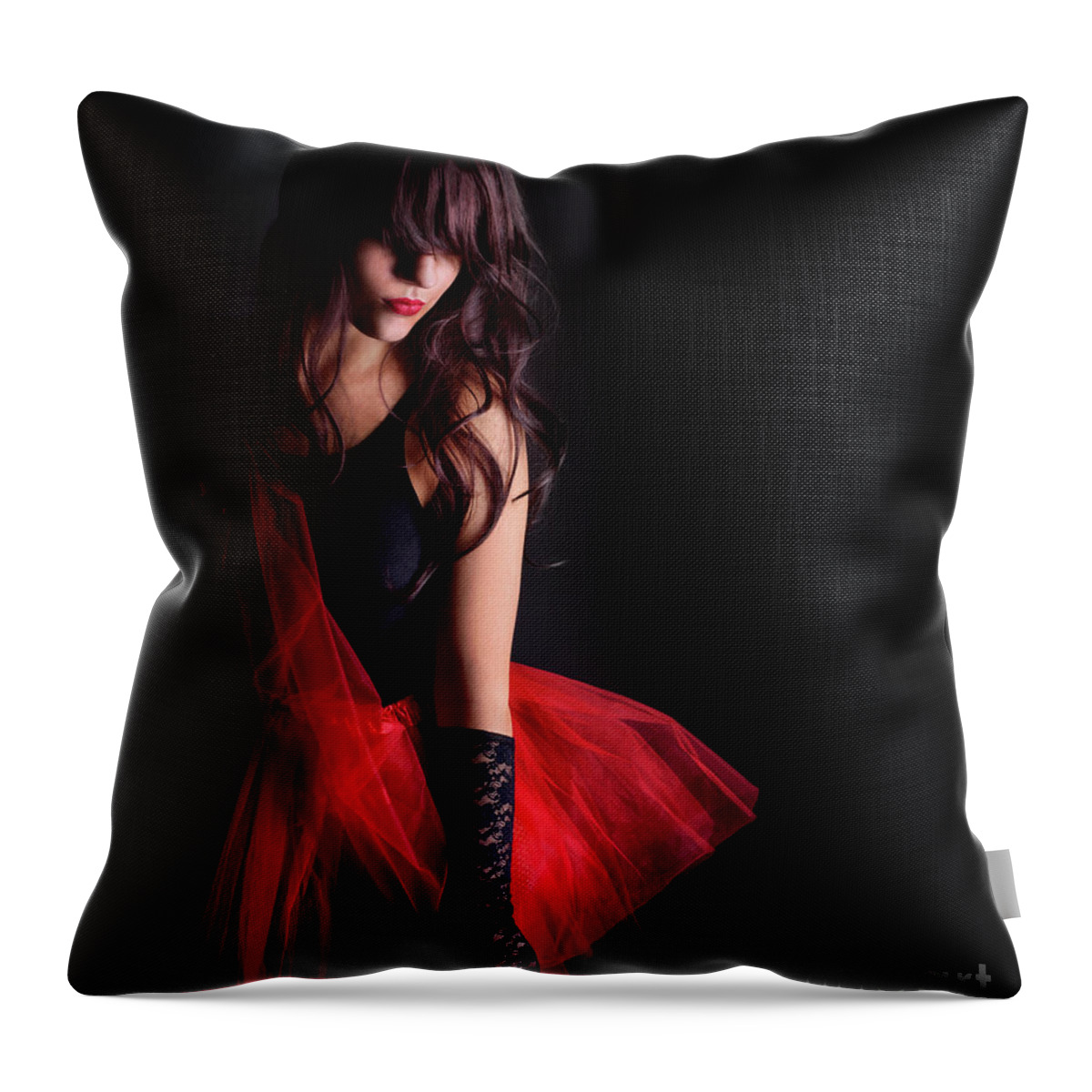 Woman Throw Pillow featuring the photograph Woman in red dress #1 by Jelena Jovanovic