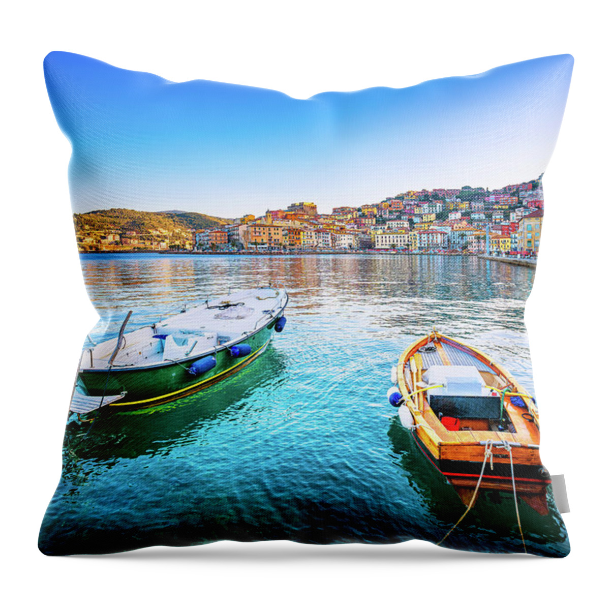 Porto Throw Pillow featuring the photograph Wooden small boats in Porto Santo Stefano seafront. Argentario, #1 by Stefano Orazzini