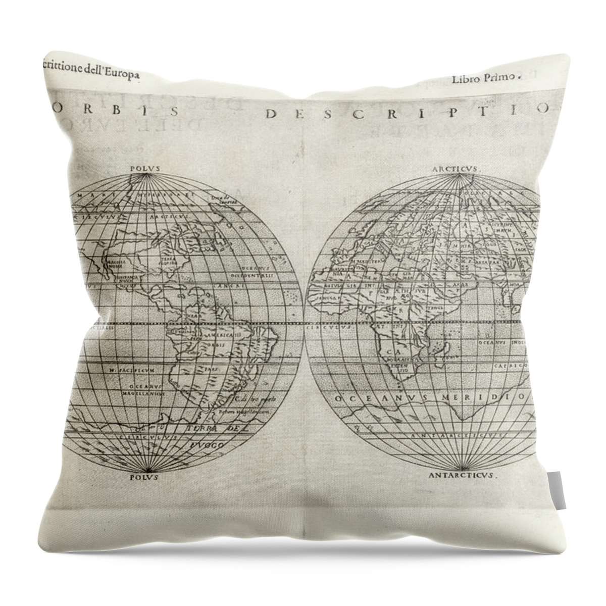 Map Throw Pillow featuring the painting WORLD MAPS BUNTING Die Eigentliche und Warhafftige Gestalt der Erden und des Meers. Cosmographia Un #1 by MotionAge Designs