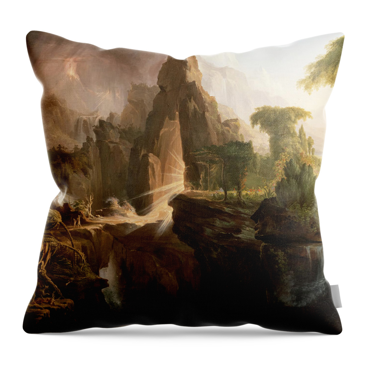 Thomas Cole Throw Pillow featuring the painting Expulsion from the Garden of Eden by Thomas Cole by Mango Art
