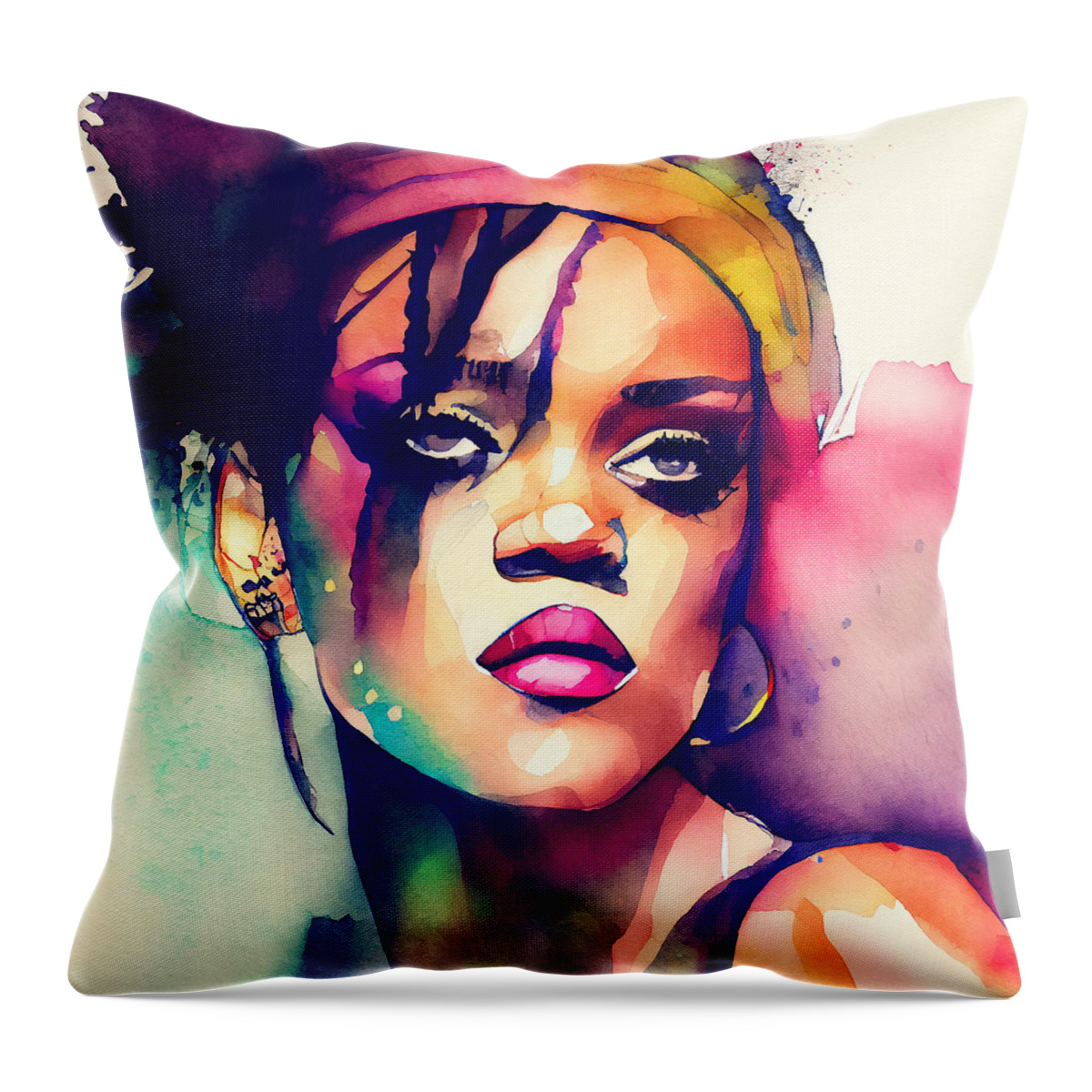 Rihanna Throw Pillow featuring the mixed media Watercolour Of Rihanna #10 by Smart Aviation