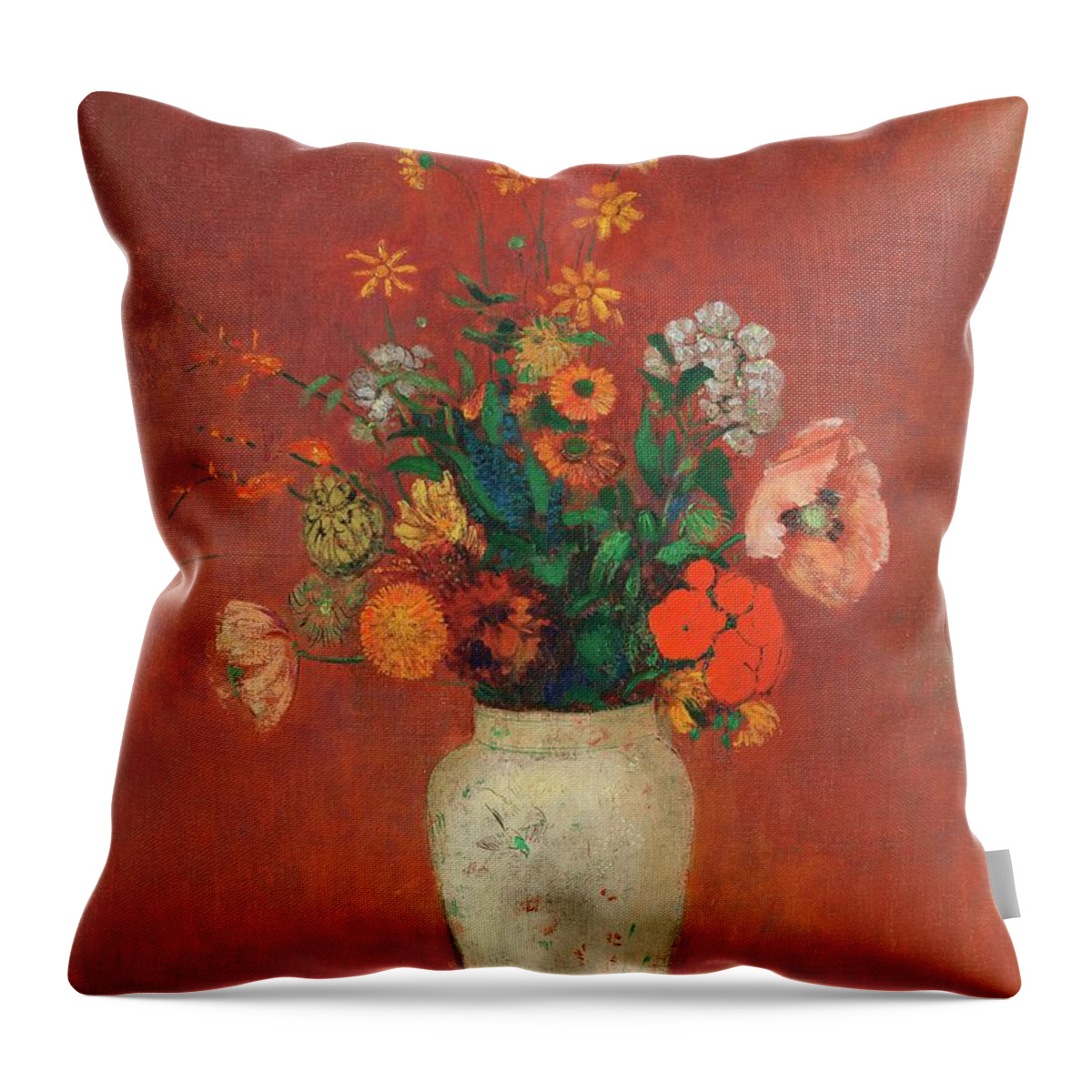 Red Throw Pillow featuring the painting Bouquet in a Chinese Vase #12 by Odilon Redon