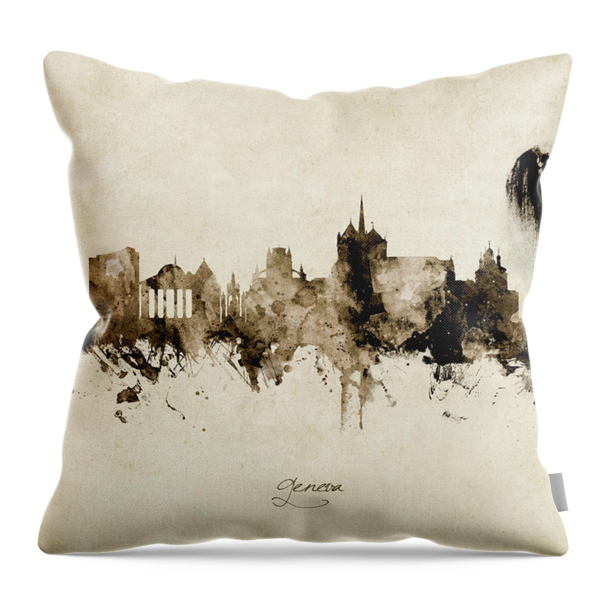 Geneva Throw Pillow featuring the digital art Geneva Switzerland Skyline #11 by Michael Tompsett