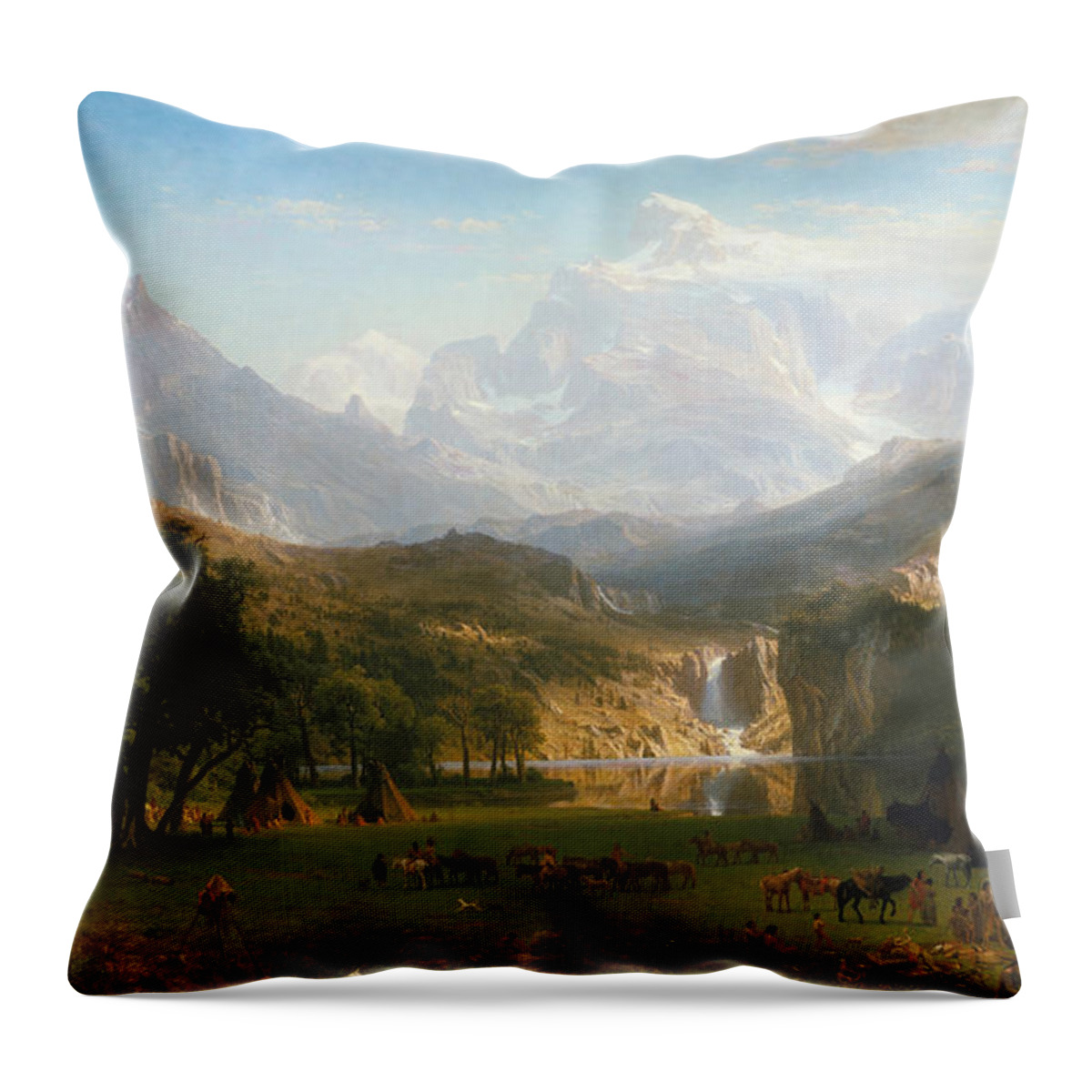 Rocky Throw Pillow featuring the painting The Rocky Mountains by Albert Bierstadt by Mango Art