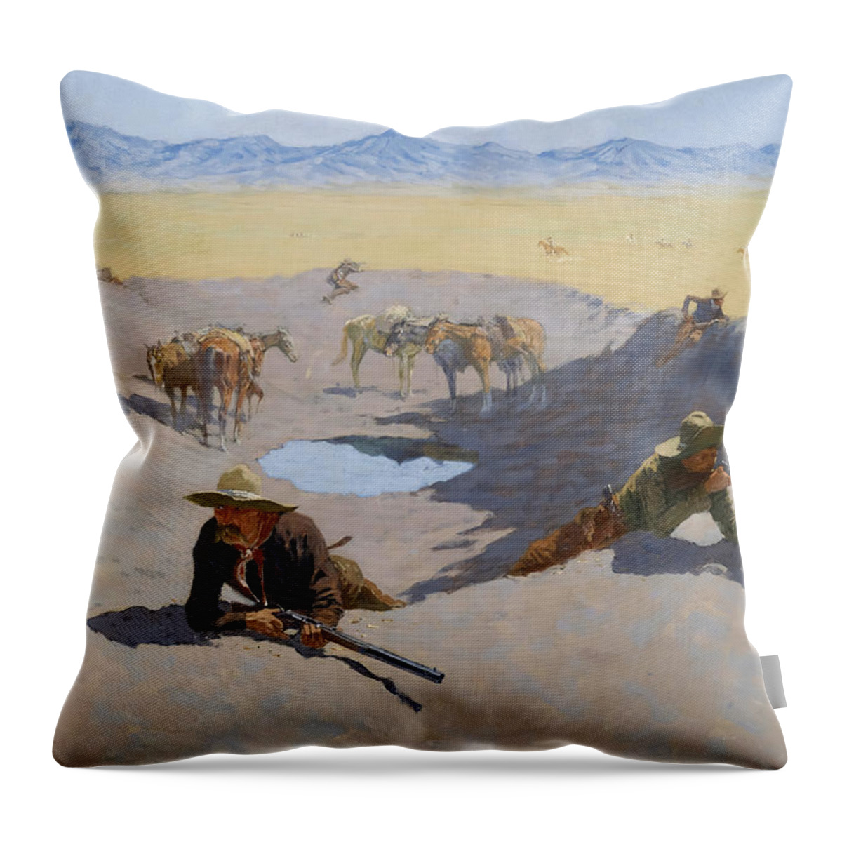 Frederic Remington Throw Pillow featuring the painting Fight for the Waterhole by Frederic Remington by Mango Art