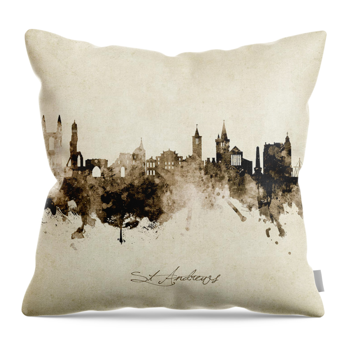 St Andrews Throw Pillow featuring the digital art St Andrews Scotland Skyline #12 by Michael Tompsett