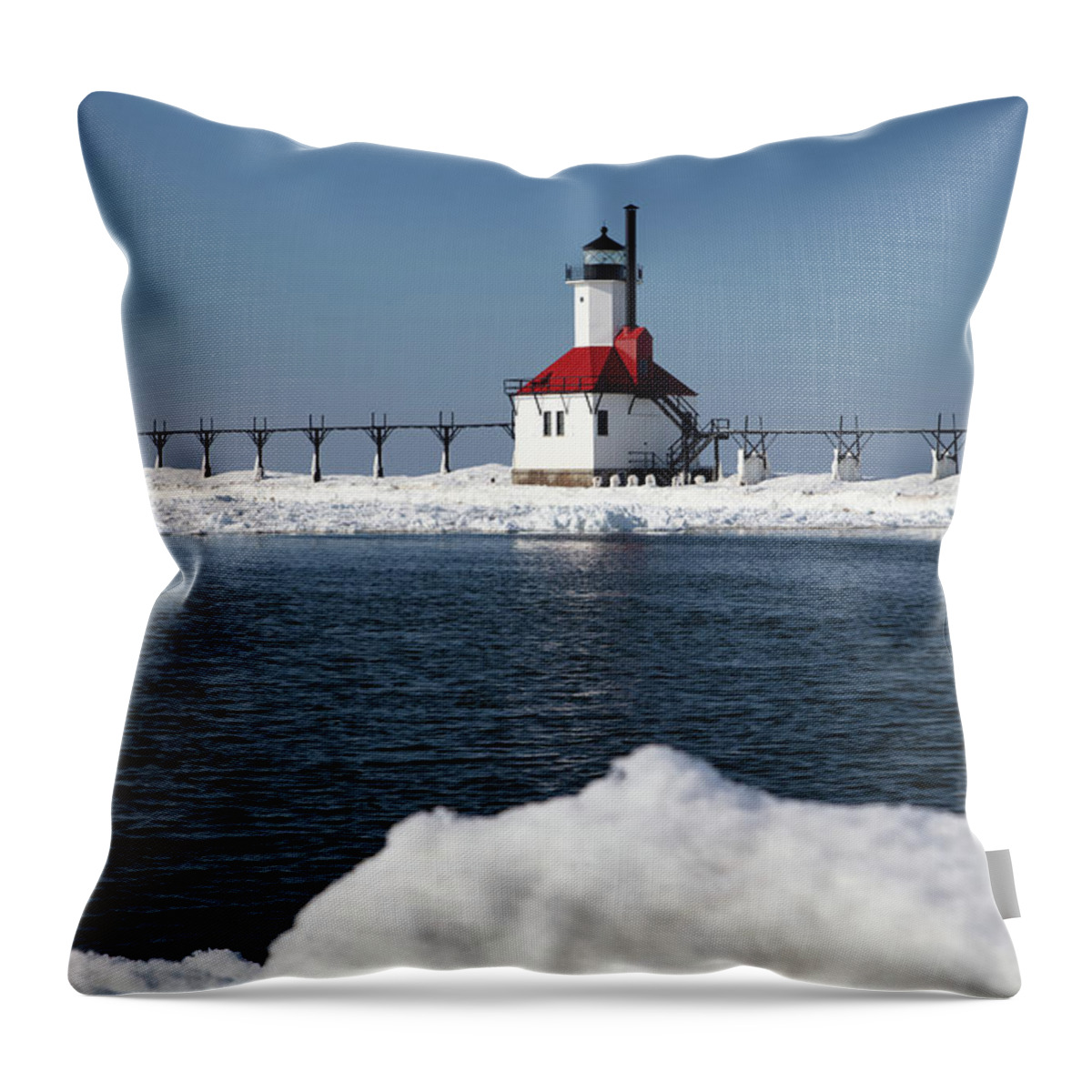 Lake Michigan Lighthouse Throw Pillow featuring the photograph St. Joseph Lighthouse in St. Joseph, Michigan along Lake Michigan in the winter #13 by Eldon McGraw