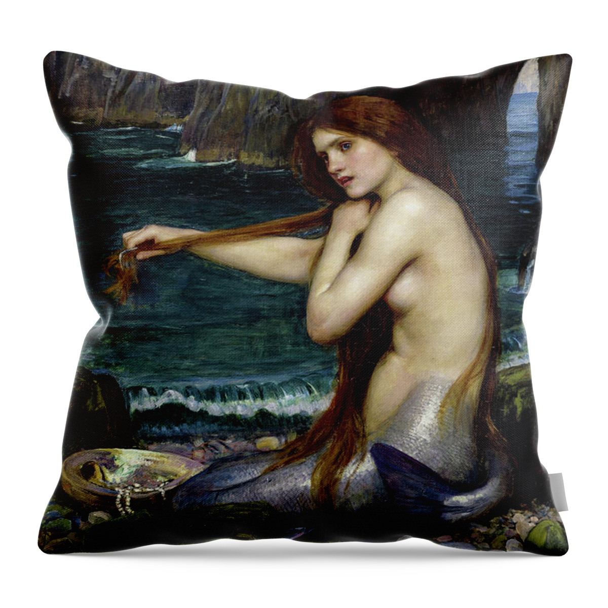 Mermaid Throw Pillow featuring the painting A Mermaid by John William Waterhouse