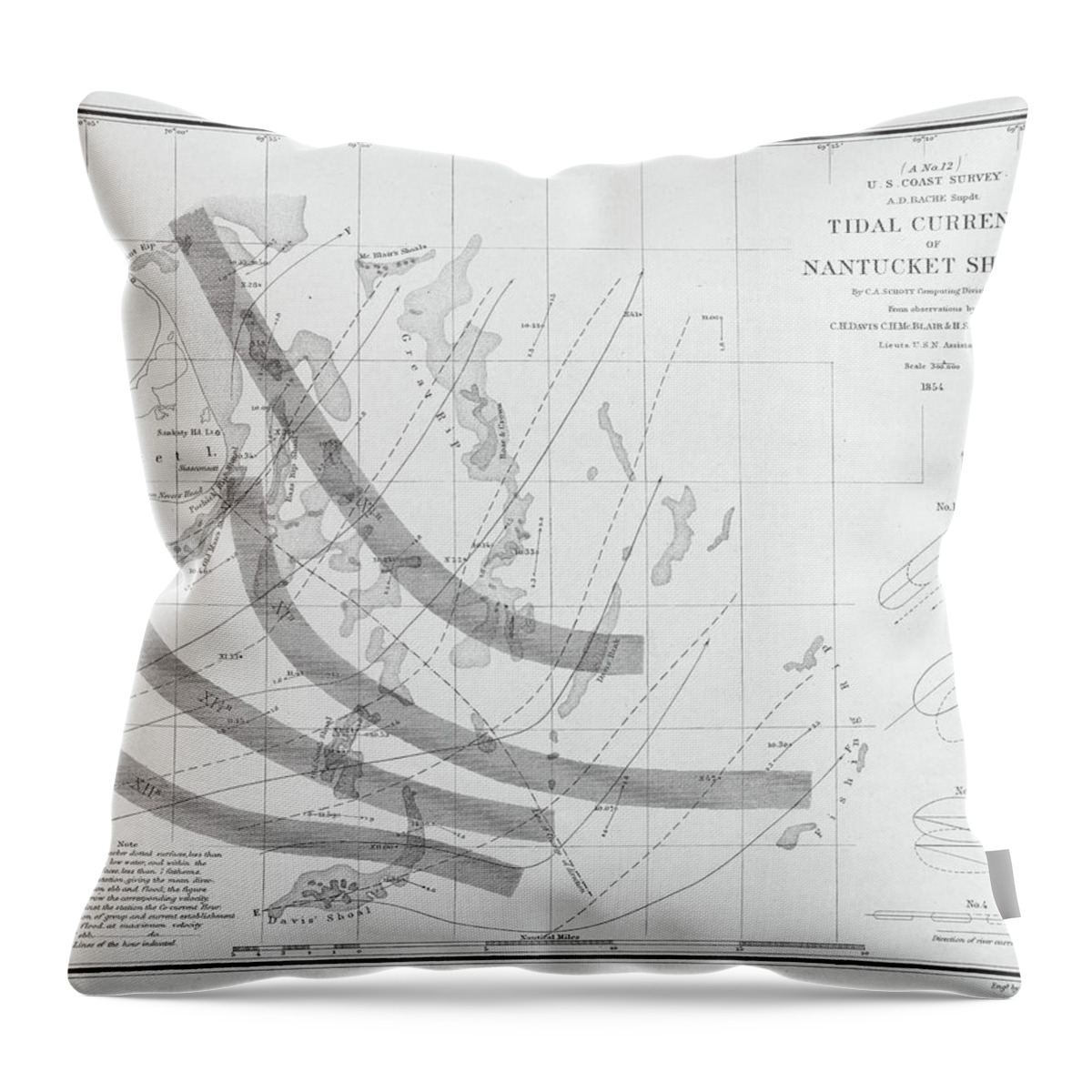 Nantucket Throw Pillow featuring the photograph 1854 Nantucket Massachusetts Map Tidal Currents of Nantucket Shoals Black and White by Toby McGuire