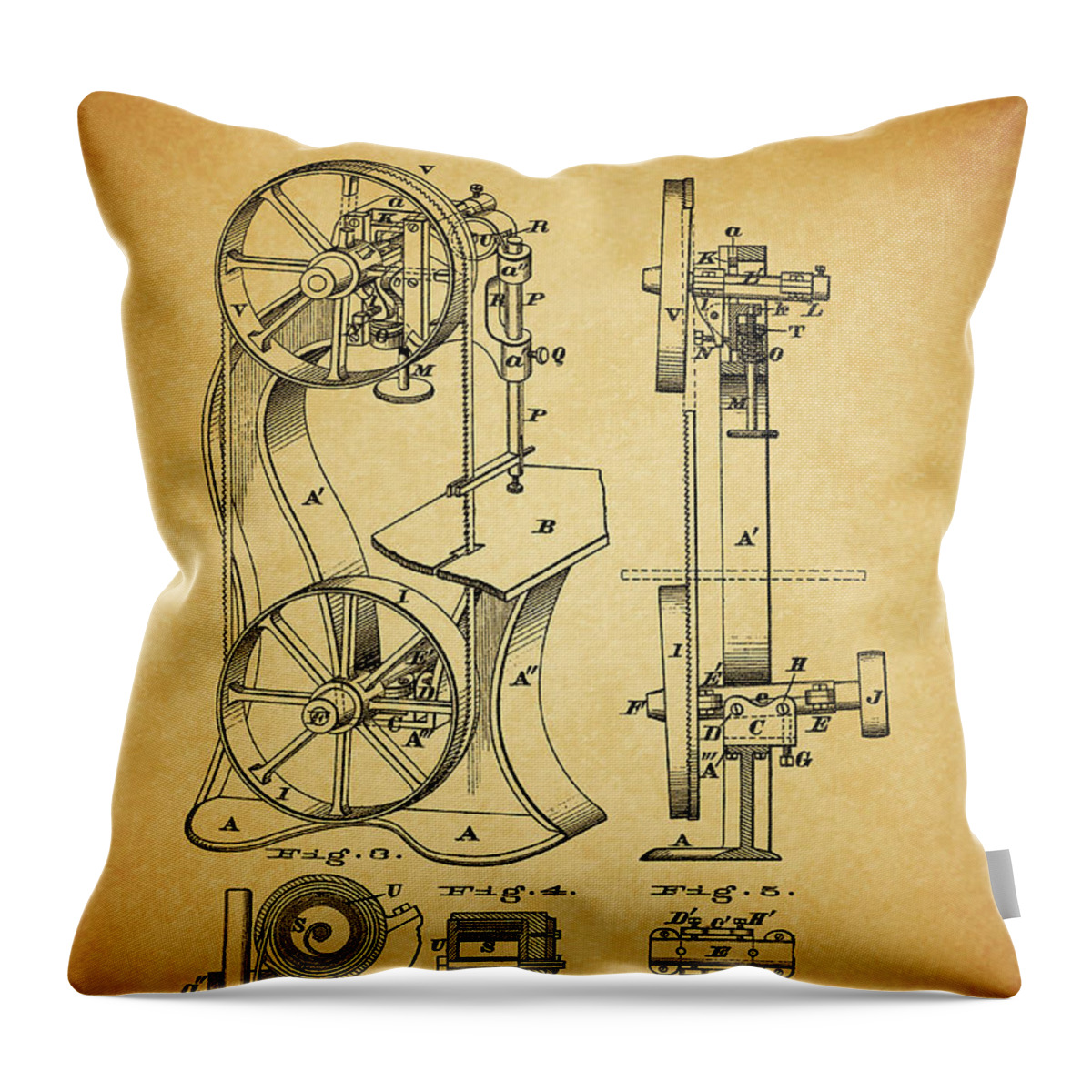 1871 Band Saw Machine Patent Throw Pillow featuring the drawing 1871 Band Saw Machine Patent by Dan Sproul