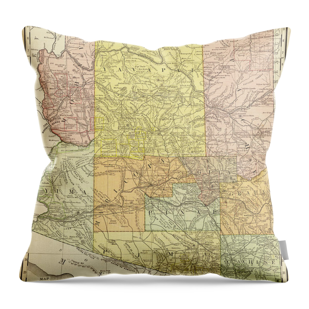 Arizona Throw Pillow featuring the photograph 1884 Historical Map of Arizona, Arizona County Map in color by Toby McGuire
