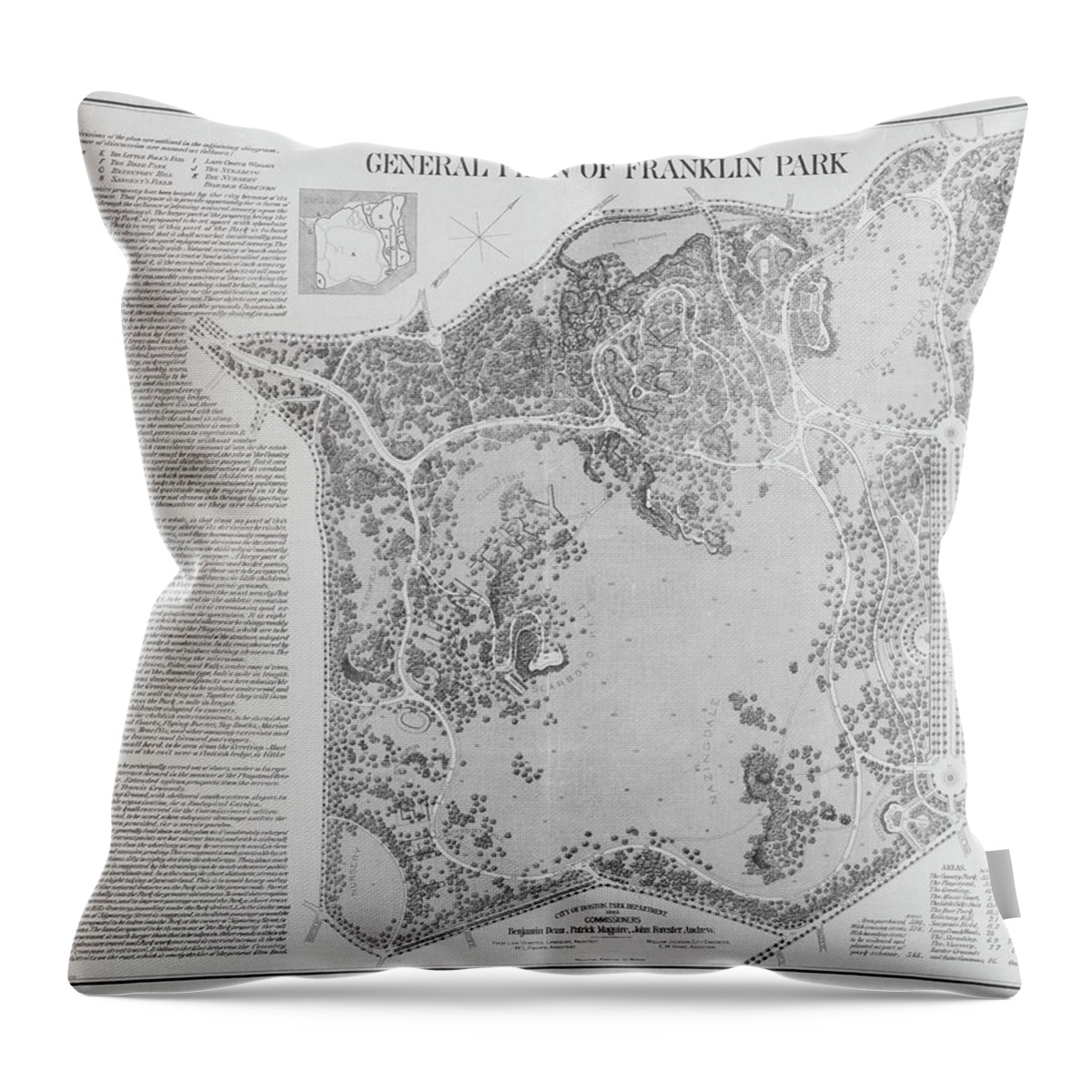 Franklin Throw Pillow featuring the photograph 1885 General Plan of Franklin Park Map in Color Boston MA Dorchester MA Black and White by Toby McGuire