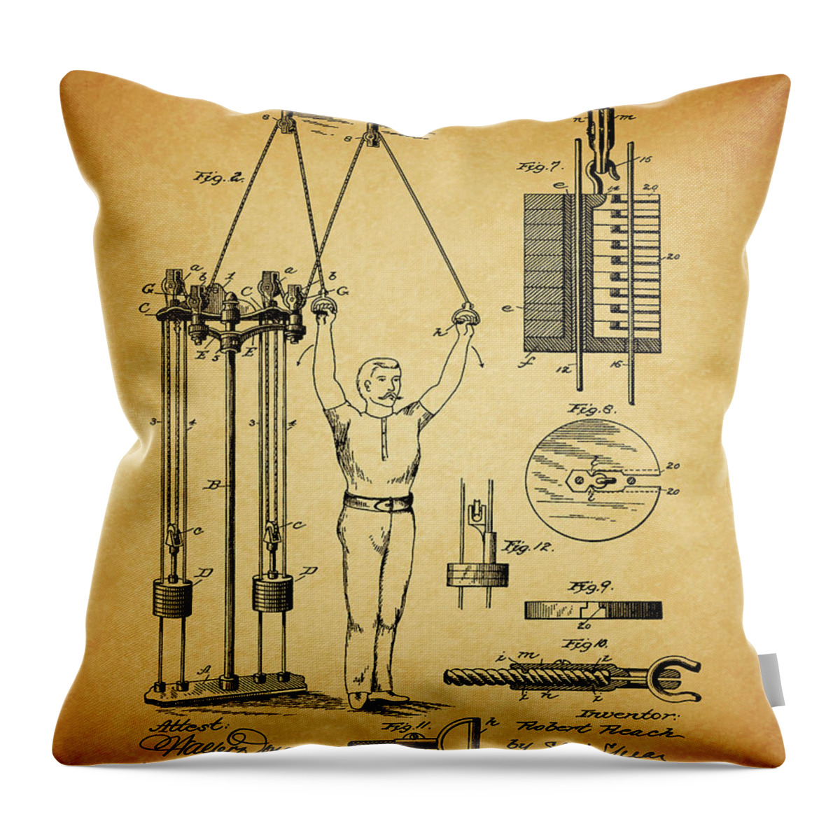 1887 Exercising Machine Patent Throw Pillow featuring the drawing 1887 Exercising Machine Patent by Dan Sproul