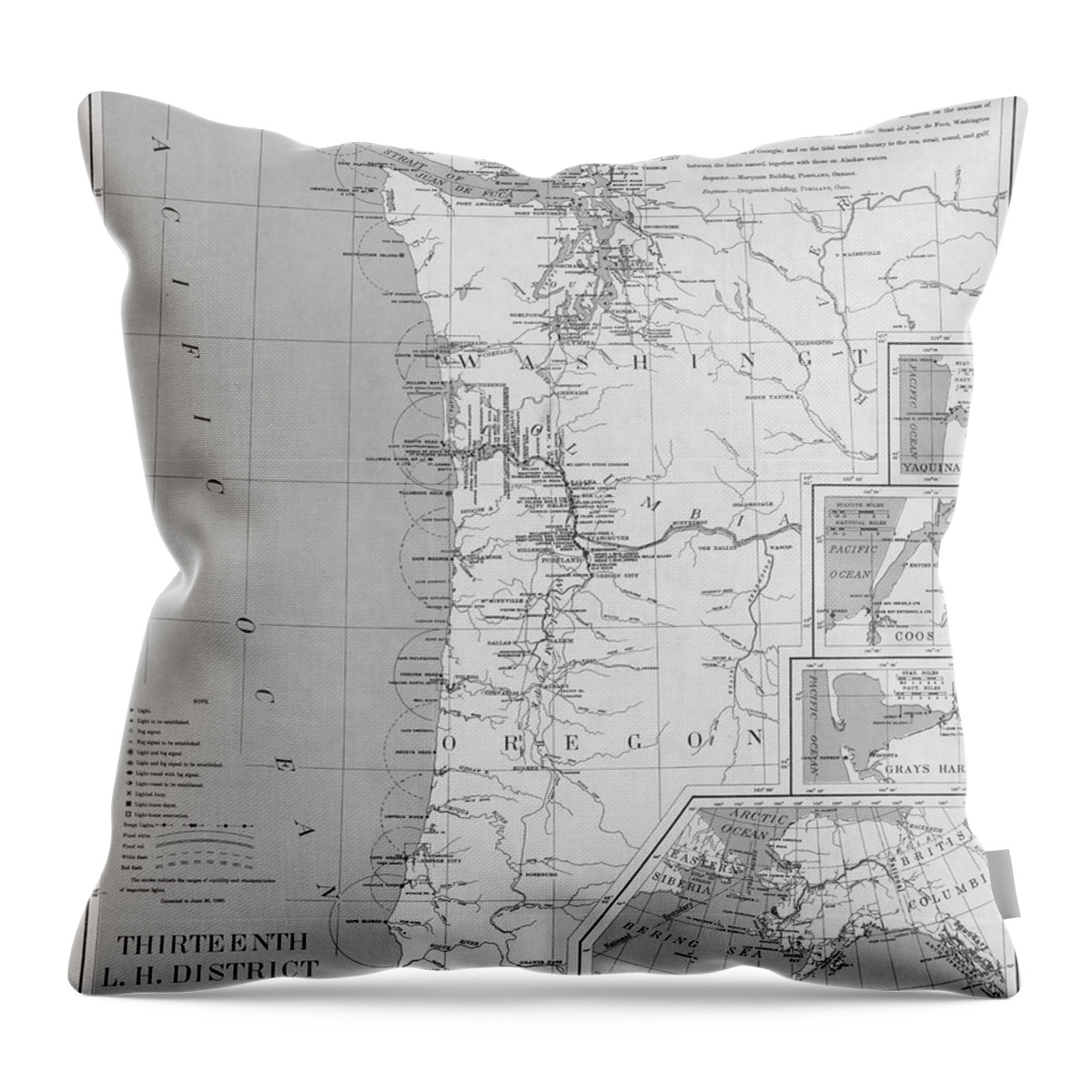 Pacific Throw Pillow featuring the photograph 1898 Pacific Northwest, Washington, Oregon and Alaska Lighthouse Map in Black and White by Toby McGuire