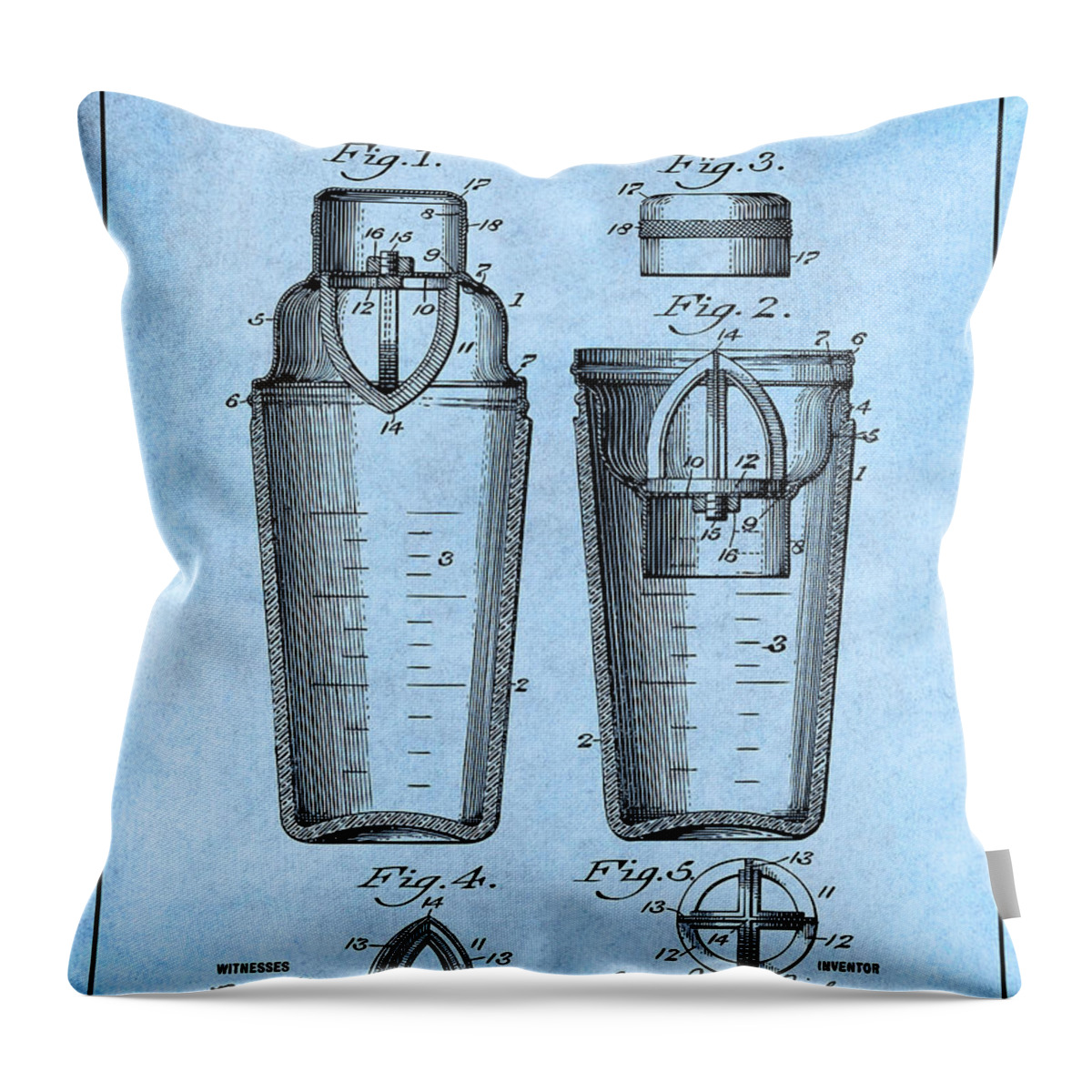 1913 Cocktail Patent Print Throw Pillow featuring the drawing 1913 Cocktail Shaker Light Blue Patent Print by Greg Edwards