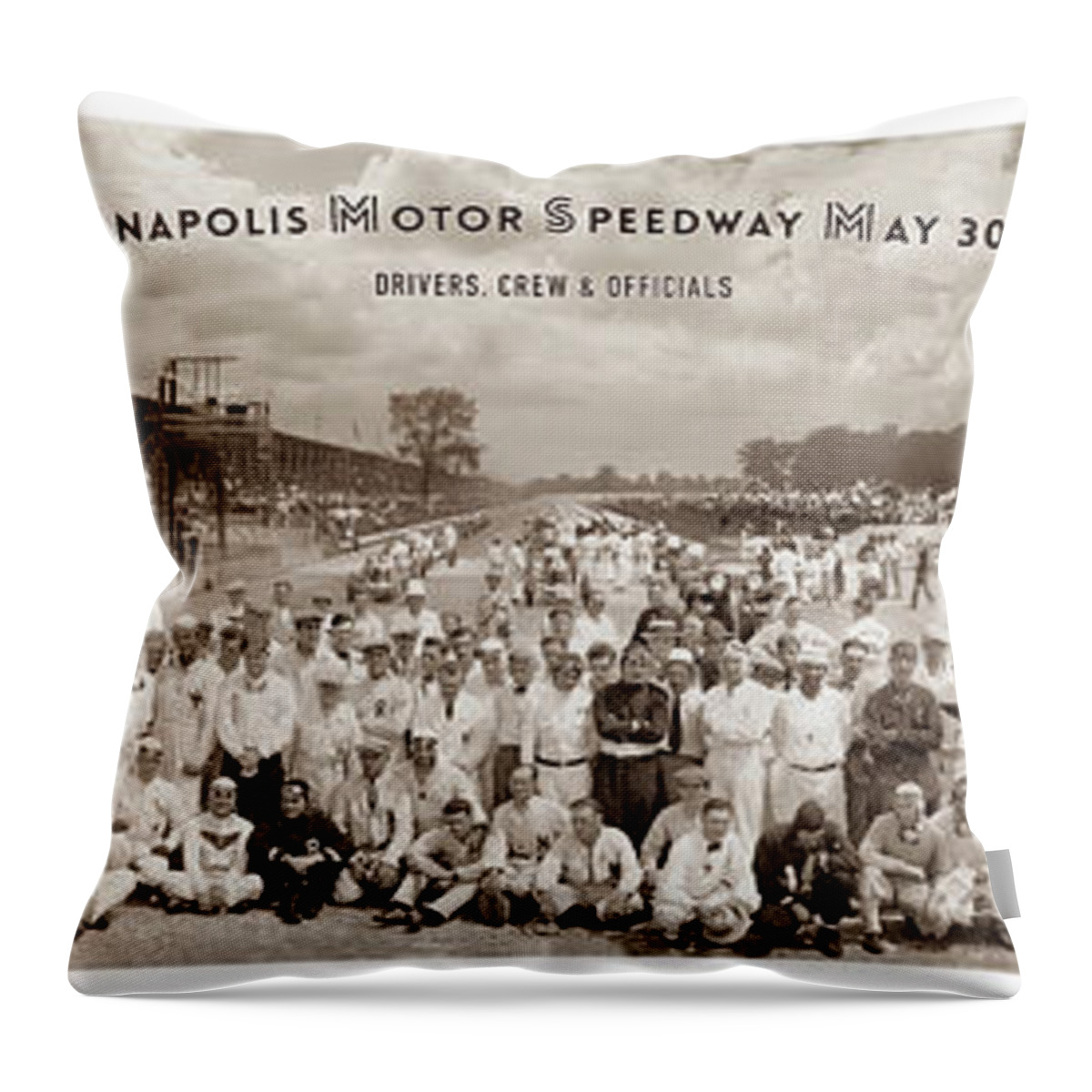 Indy 500 Throw Pillow featuring the photograph 1929 Indy 500 Drivers, Crew and Officials by Retrographs