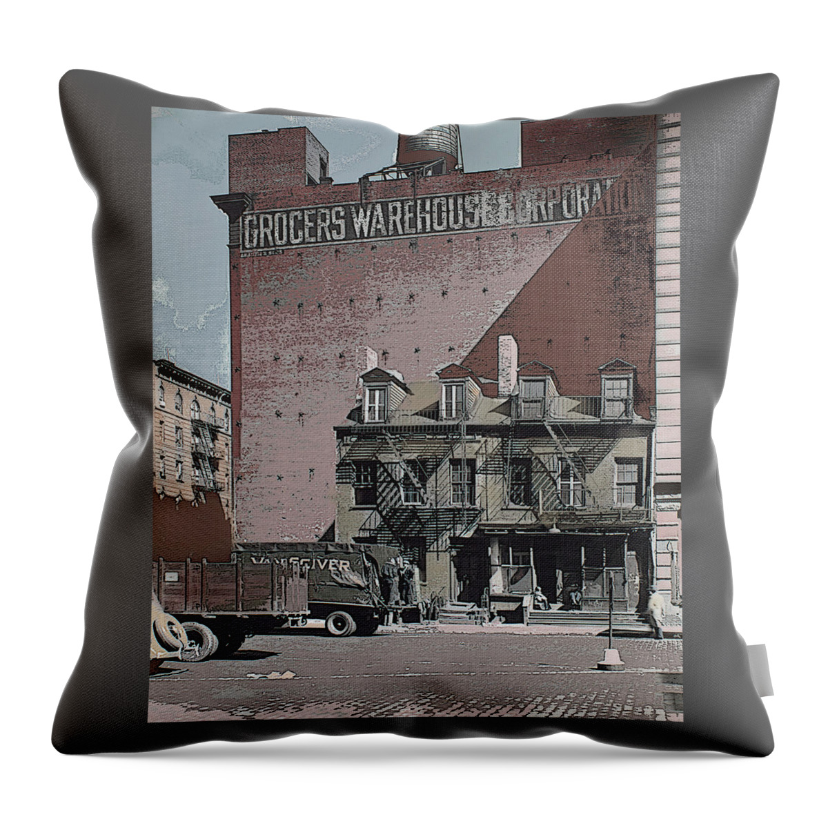 Vintage Throw Pillow featuring the mixed media 1930's America Warehouse District Colorized Photograph by Shelli Fitzpatrick