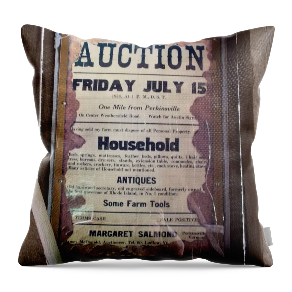Vintage Throw Pillow featuring the photograph 1938 Auction Poster by Catherine Gagne