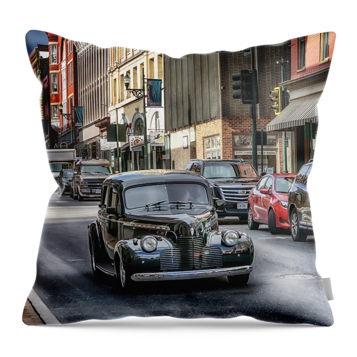Staunton Throw Pillow featuring the photograph 1940 Chevy Downtown Staunton Virginia by Susan Rissi Tregoning