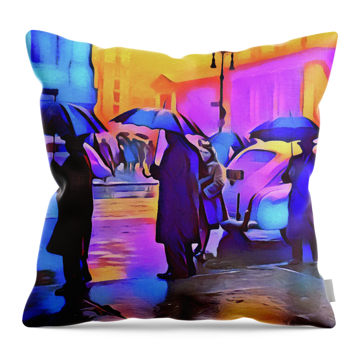 1940s Times Square Rain Ii Throw Pillow featuring the pastel 1940s Times Square Rain II by Susan Maxwell Schmidt