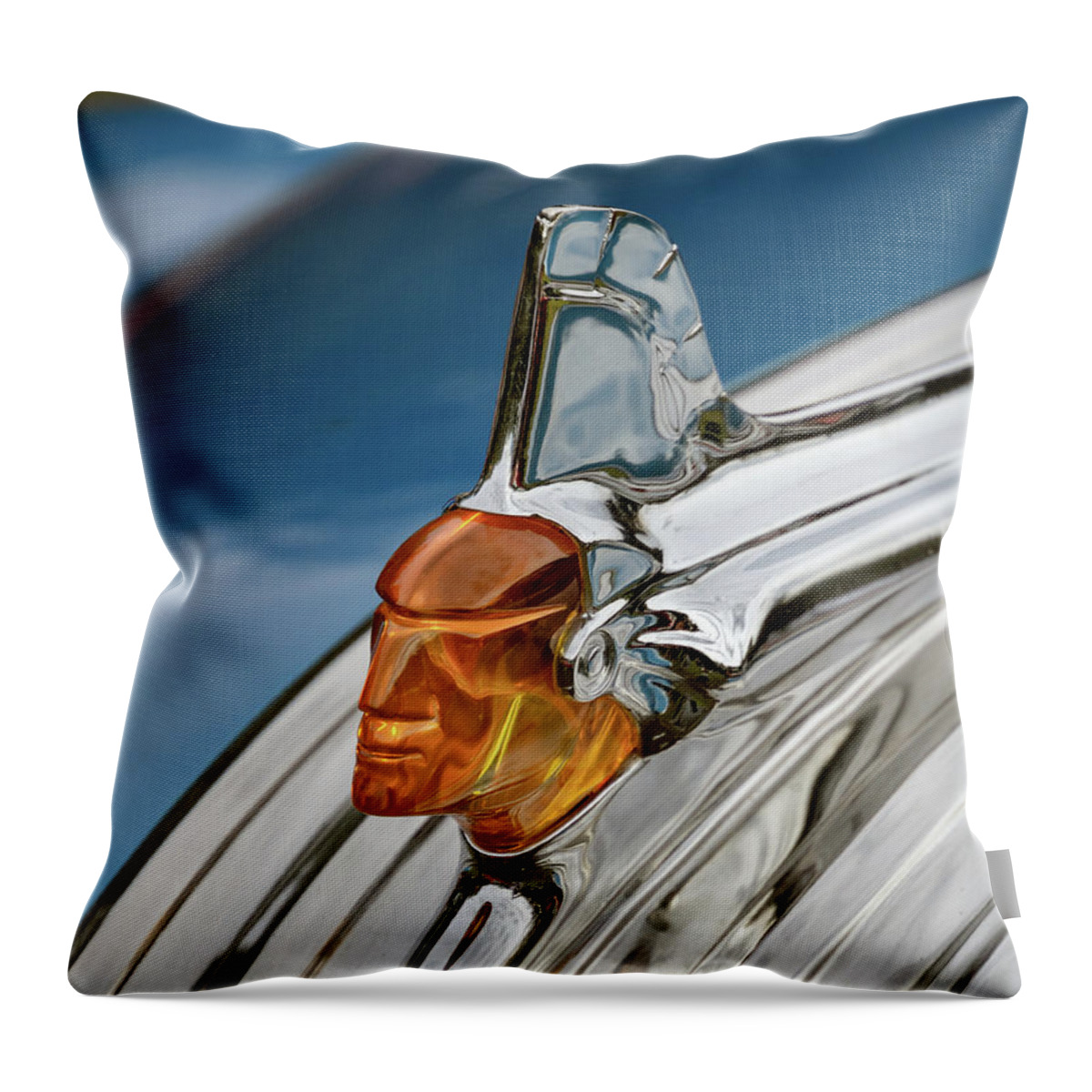 1952 Throw Pillow featuring the photograph 1952 Pontiac Catalina Chieftan Lighted Hood Ornament by Betty Denise
