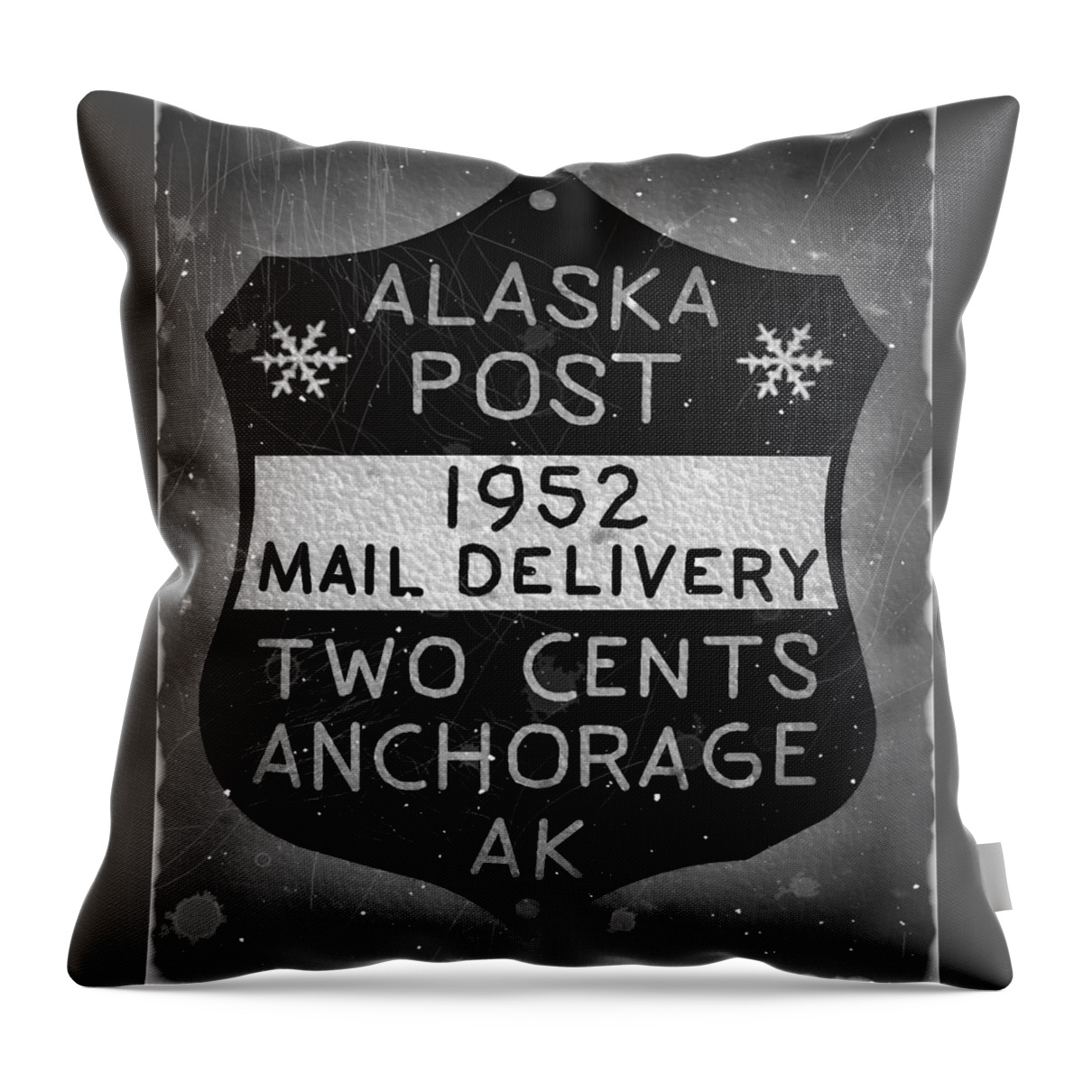 Dispatch Throw Pillow featuring the digital art 1952 Union PO - Anchorage Alaska - 2cts. Local Mail Delivery - Winter Gray - Mail Art Post by Fred Larucci