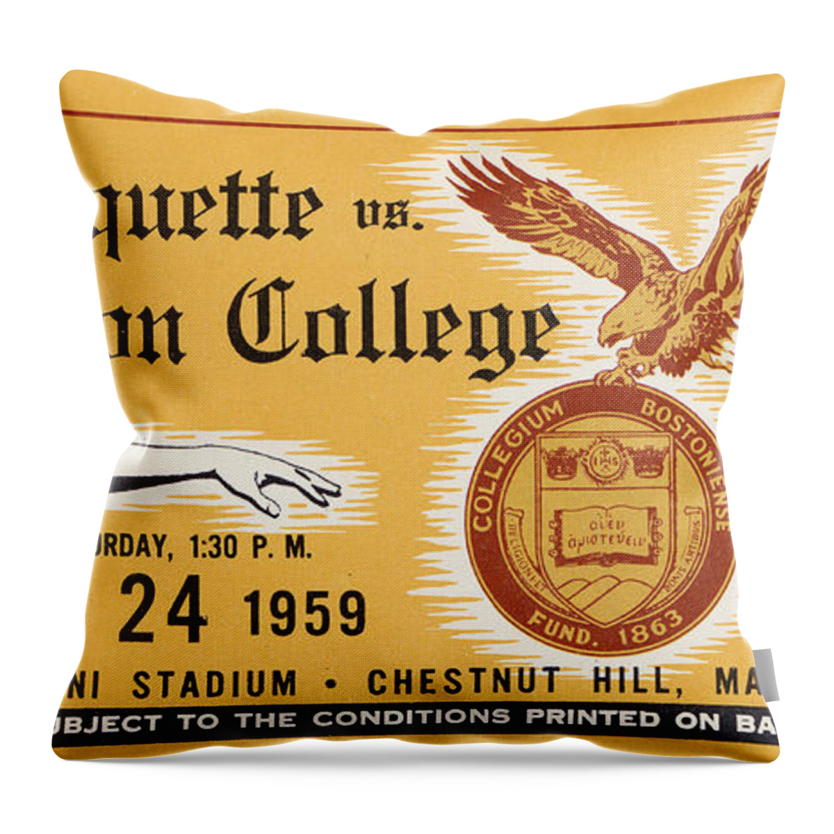 Boston College Throw Pillow featuring the mixed media 1959 Marquette vs. Boston College by Row One Brand