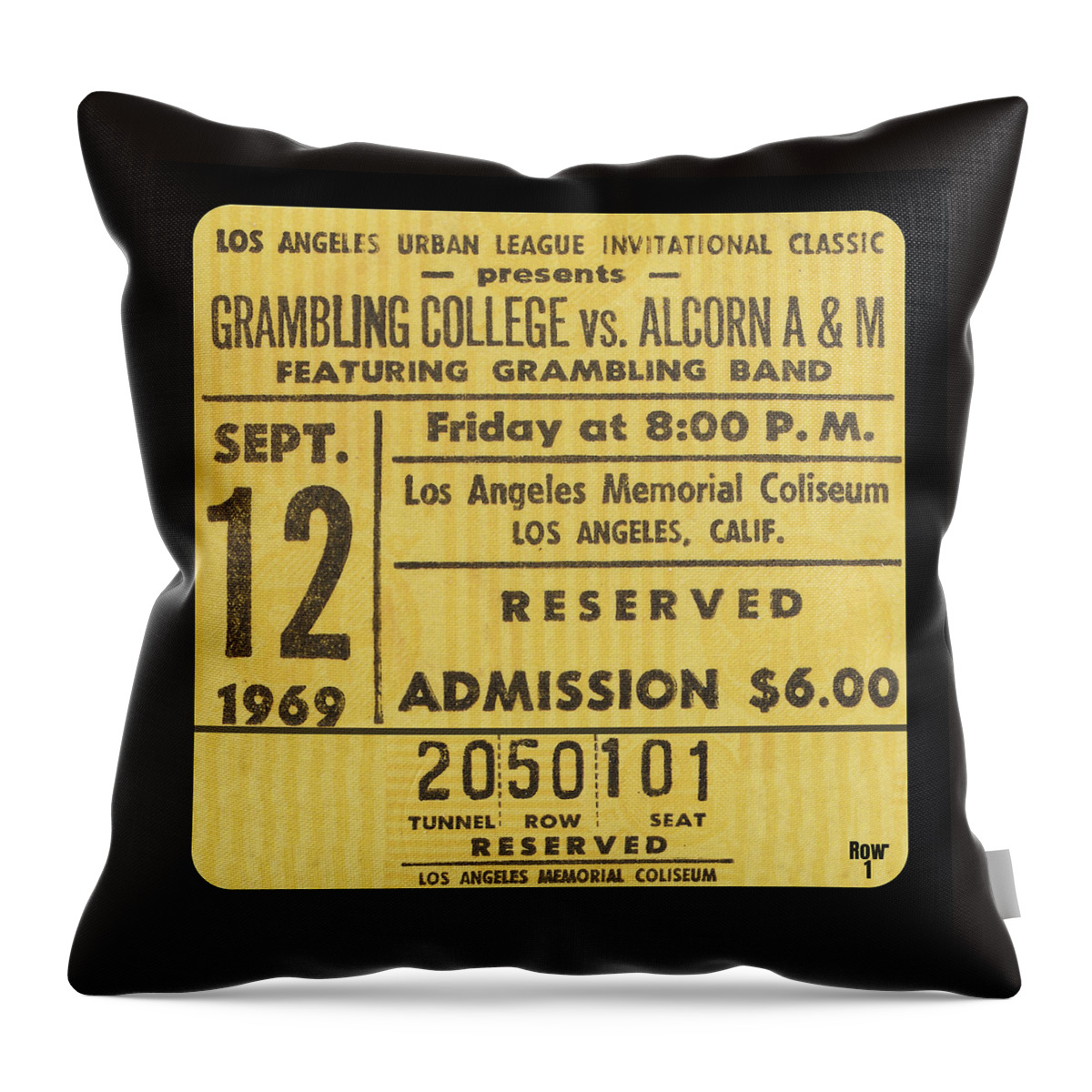 College Football Throw Pillow featuring the mixed media 1969 Grambling vs. Alcorn AM Football Ticket Art by Row One Brand