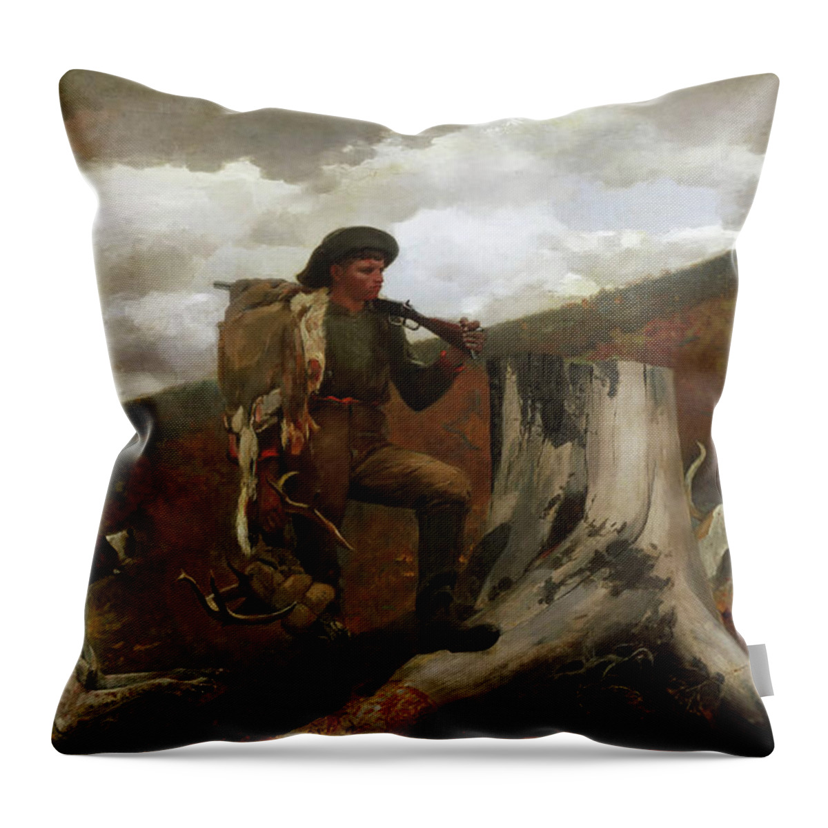 American Throw Pillow featuring the painting A Huntsman and Dogs, from 1891 by Winslow Homer