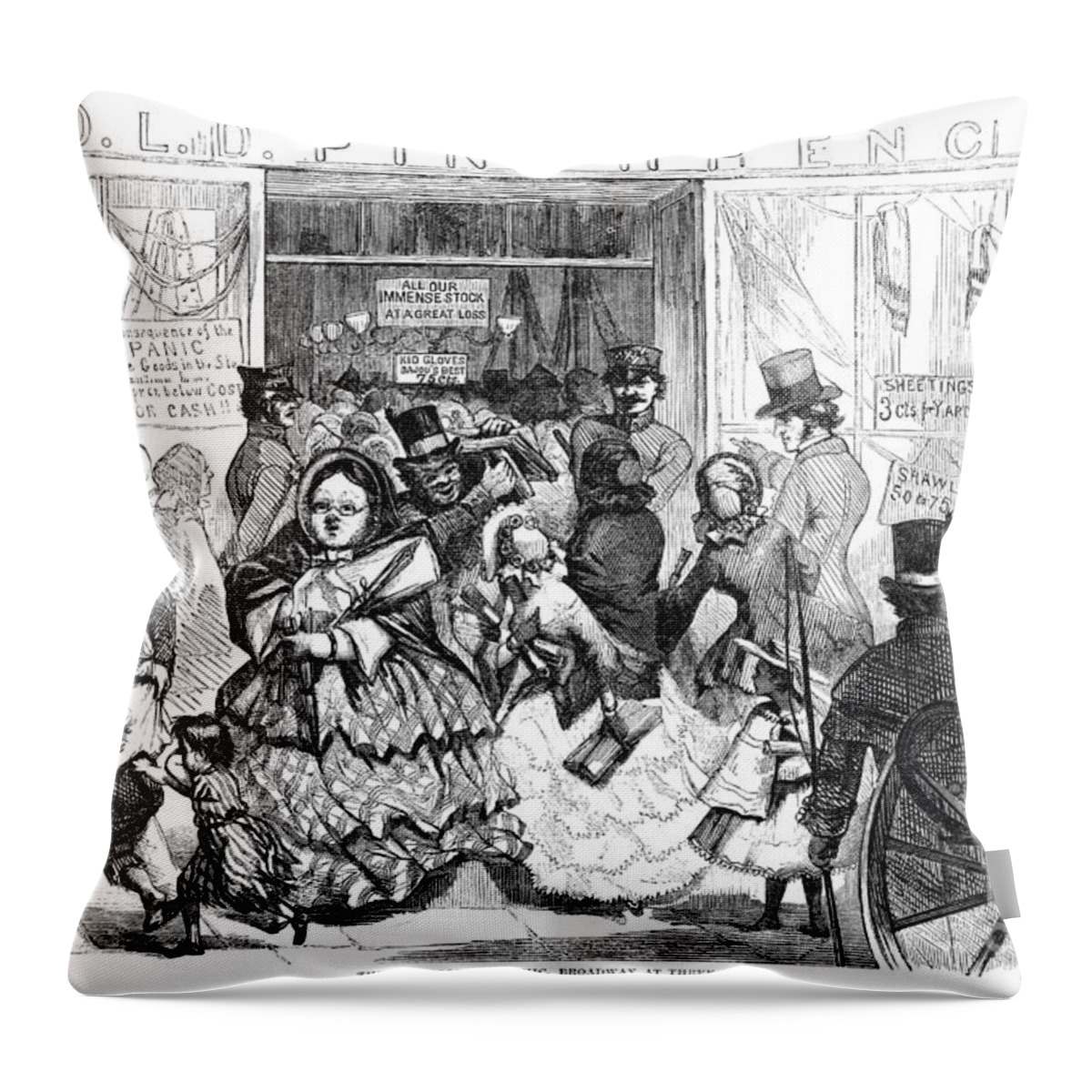 1857 Throw Pillow featuring the drawing Bank Panic, 1857 #2 by Granger
