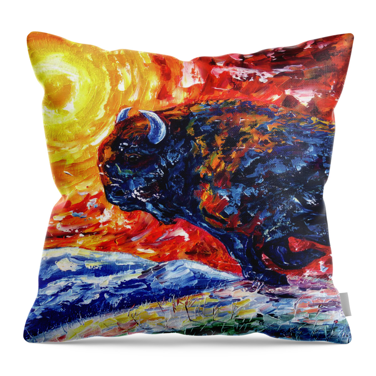 Olena Art Throw Pillow featuring the painting Wild the Storm - American Bison Running by Lena Owens - OLena Art Vibrant Palette Knife and Graphic Design