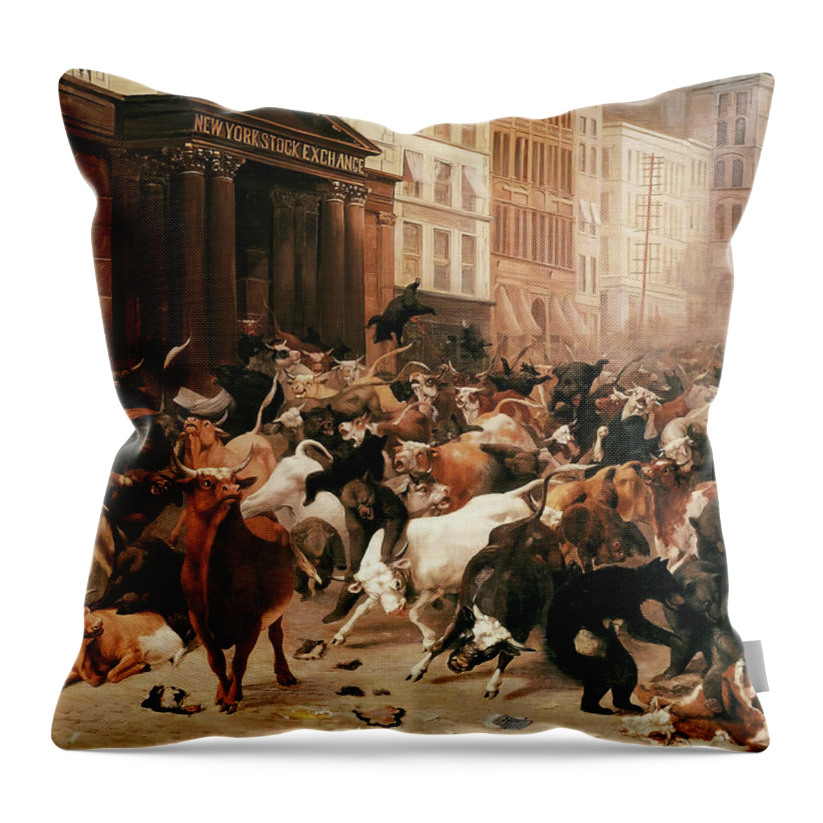 William Beard Throw Pillow featuring the painting Bulls and Bears in the Market #2 by William Holbrook Beard