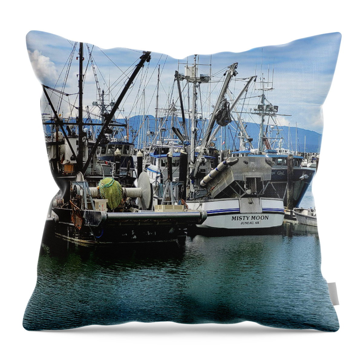 Fishing Vessel Misty Moon By Norma Appleton Throw Pillow featuring the photograph Fishing Vessel Misty Moon #2 by Norma Appleton
