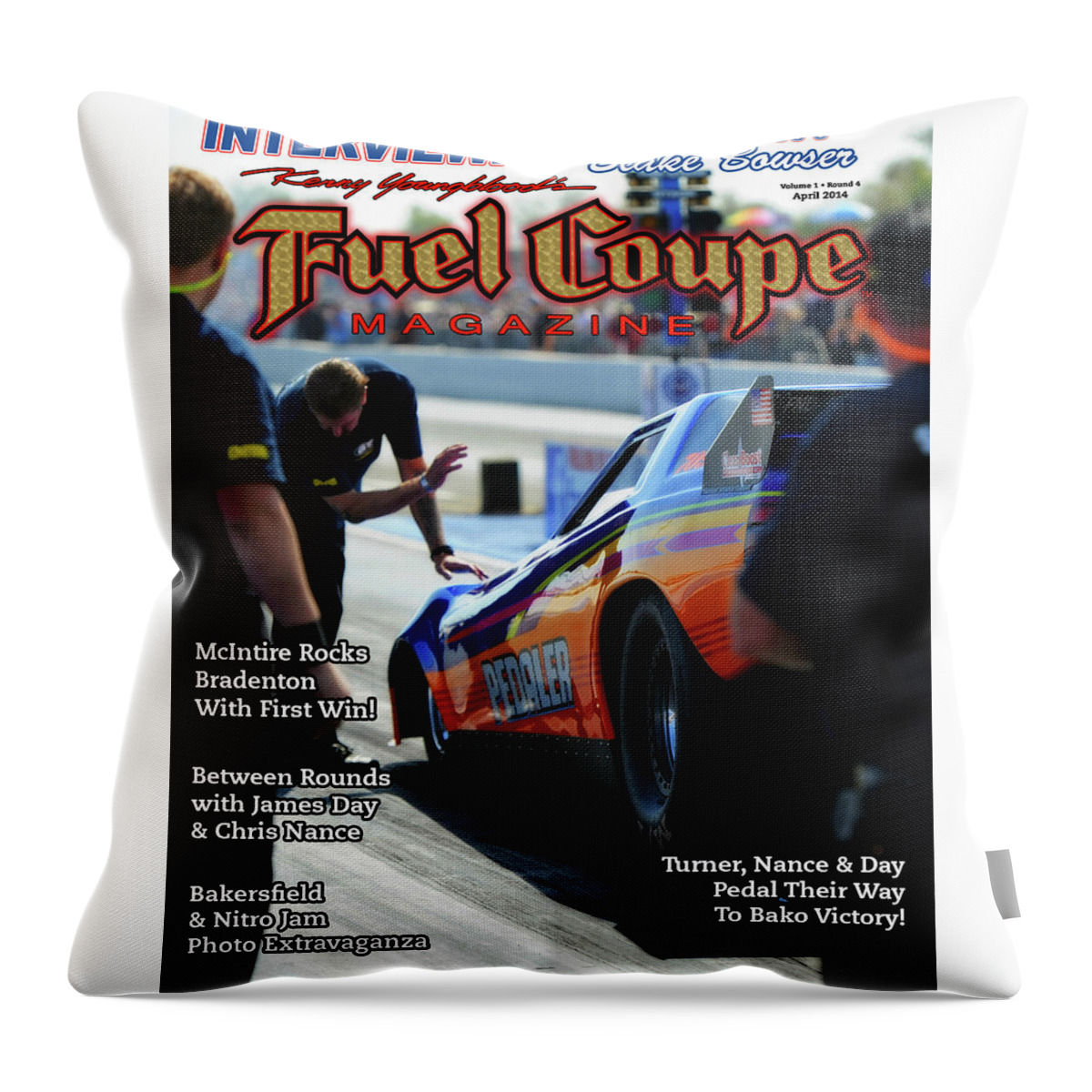 Funny Car Throw Pillow featuring the pyrography Fuel Coupe Magazine #2 by Kenny Youngblood