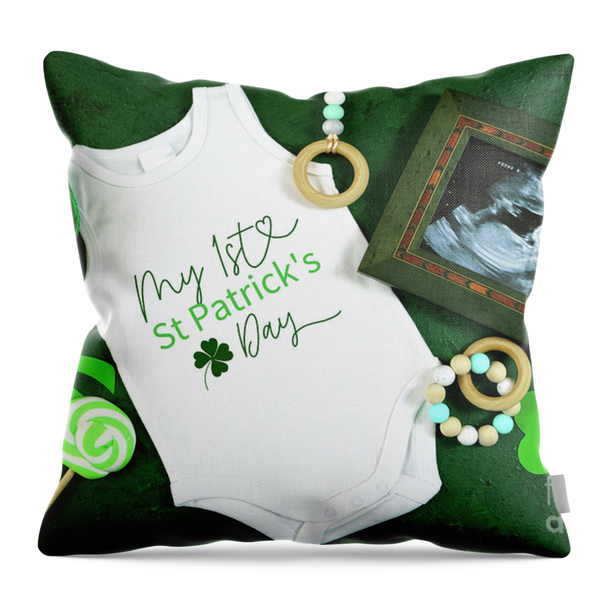 St Patrick Throw Pillow featuring the photograph Happy St Patrick's Day baby wear onesie bodysuit mockup flatlay. #2 by Milleflore Images