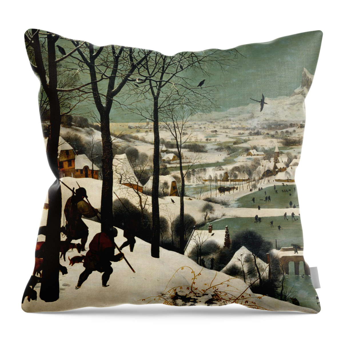 Bruegel Throw Pillow featuring the painting Hunters in the snow #1 by Pieter Bruegel the Elder