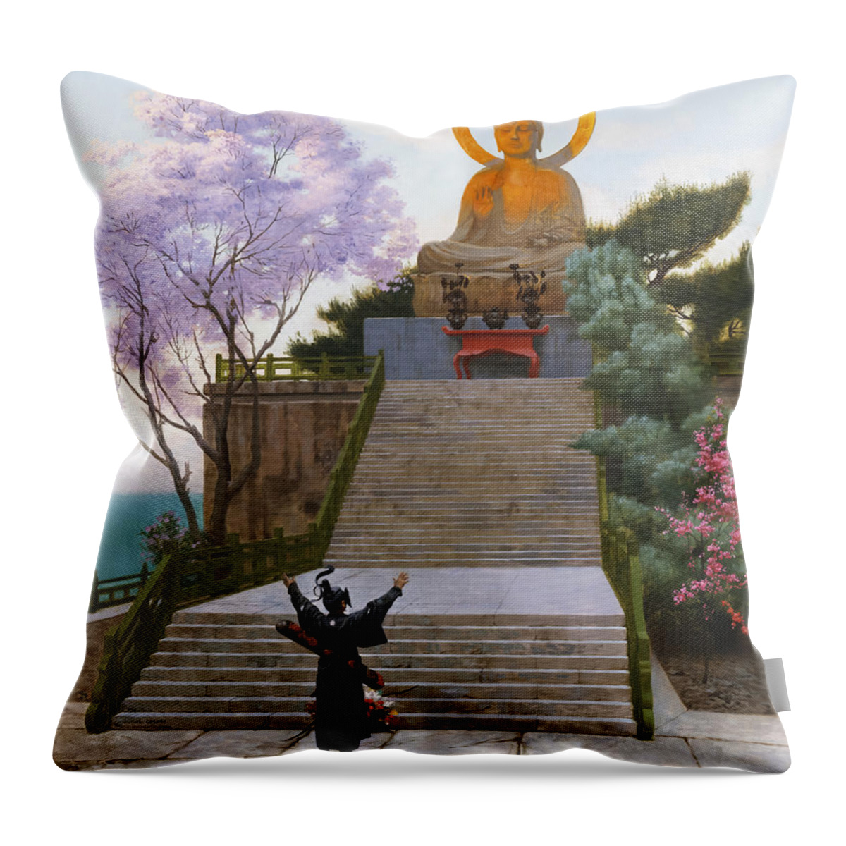 Japanese Throw Pillow featuring the painting Japanese Emploring A Deity by Jean Leon Gerome by Mango Art