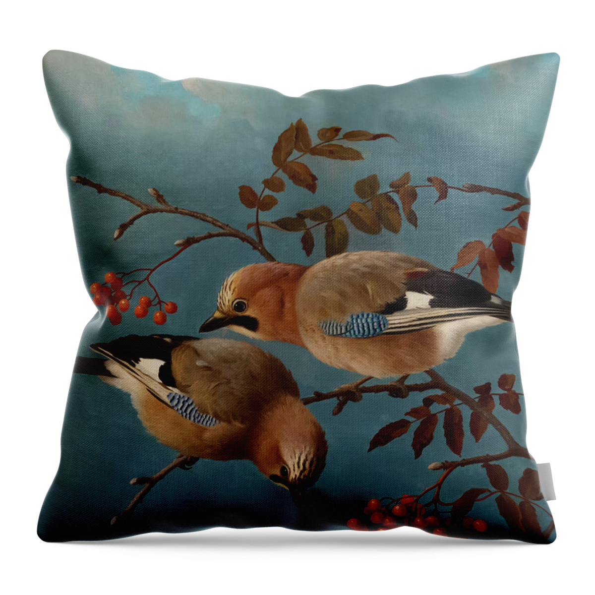 Birds Throw Pillow featuring the painting Jays by Ferdinand von Wright by Mango Art